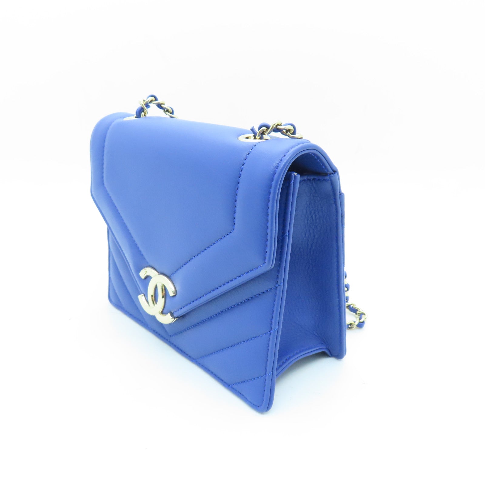 CHANEL 斜紋羊皮皮革Chain Shoulder Bag金扣鏈帶肩背袋藍色