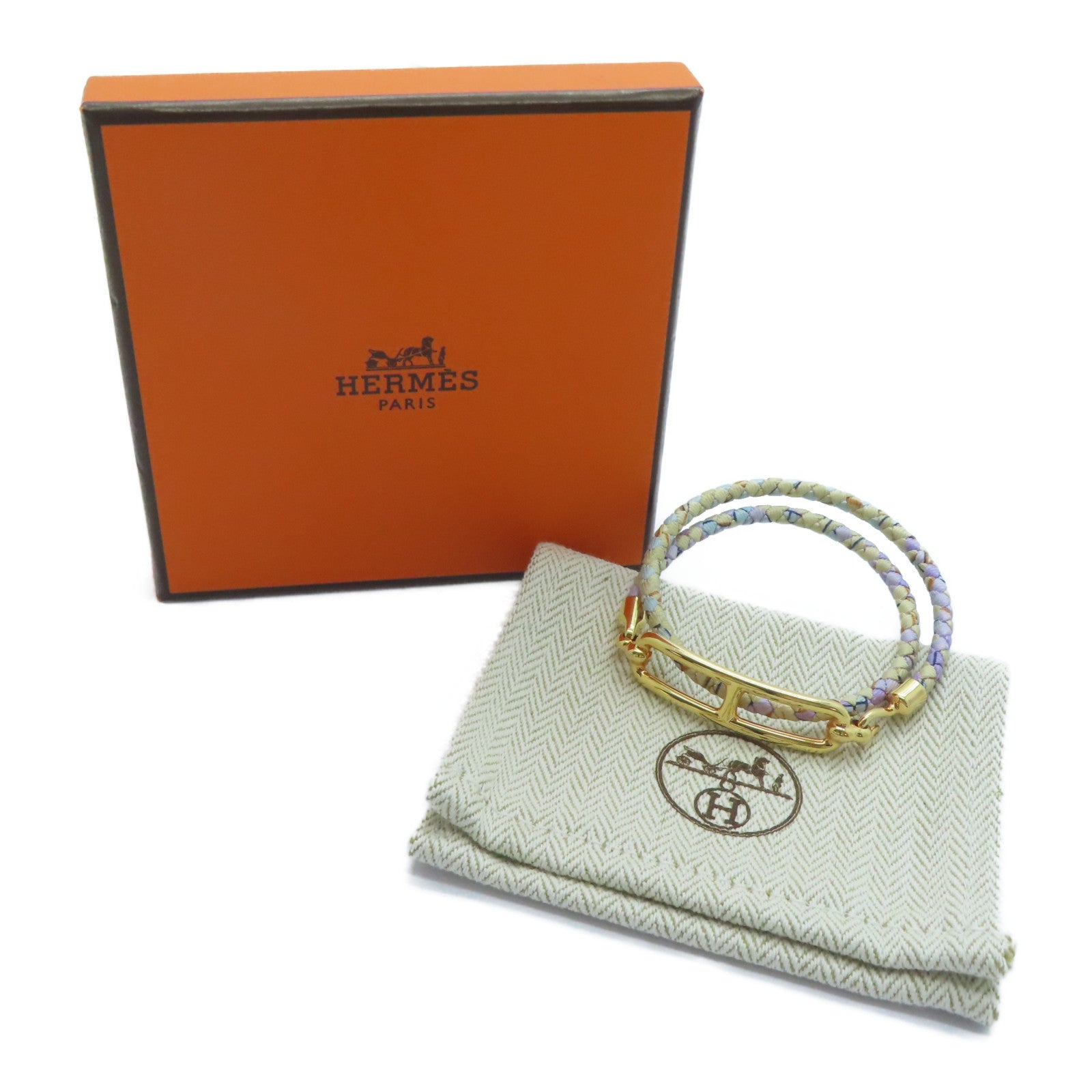 HERMES 絲質/金屬Roulis Double Tour手鐲金色/黃色/紫色