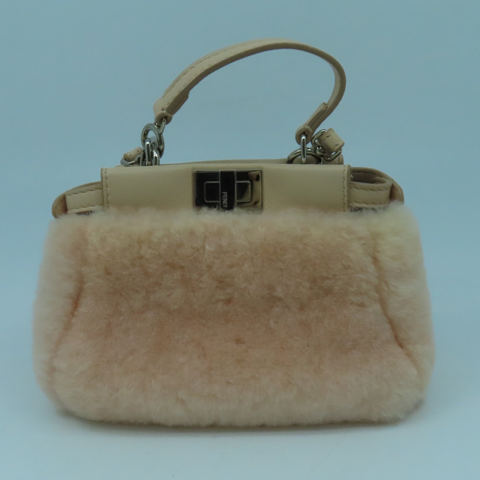 FENDI 毛茸/皮革Peekaboo Micro Shoulder Bag銀扣肩背袋粉紅色