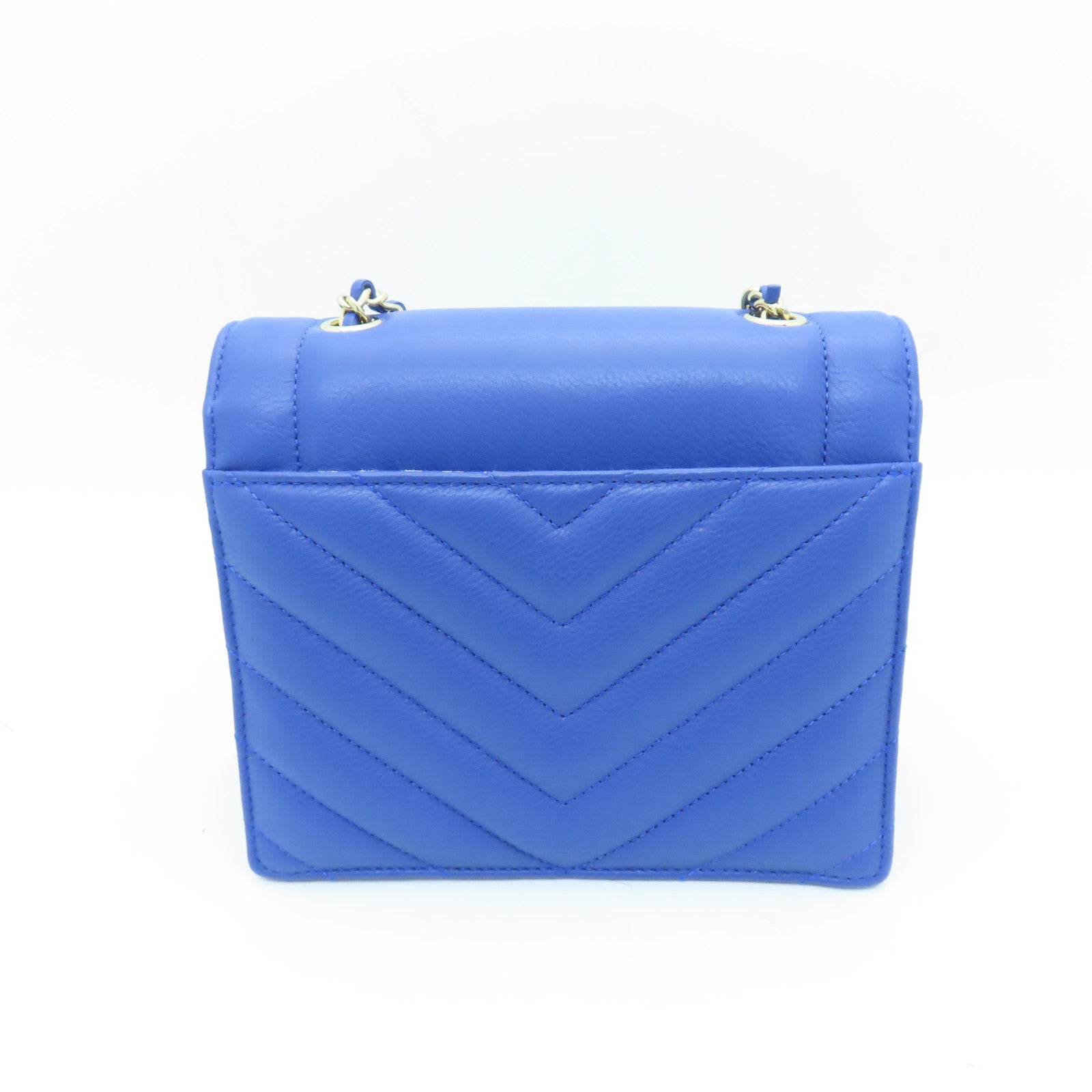 CHANEL 斜紋羊皮皮革Chain Shoulder Bag金扣鏈帶肩背袋藍色