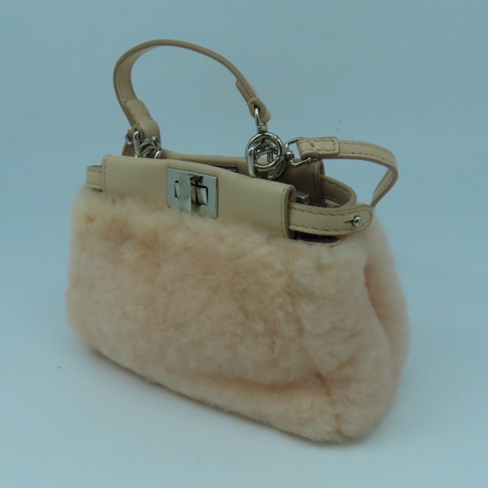 FENDI 毛茸/皮革Peekaboo Micro Shoulder Bag銀扣肩背袋粉紅色