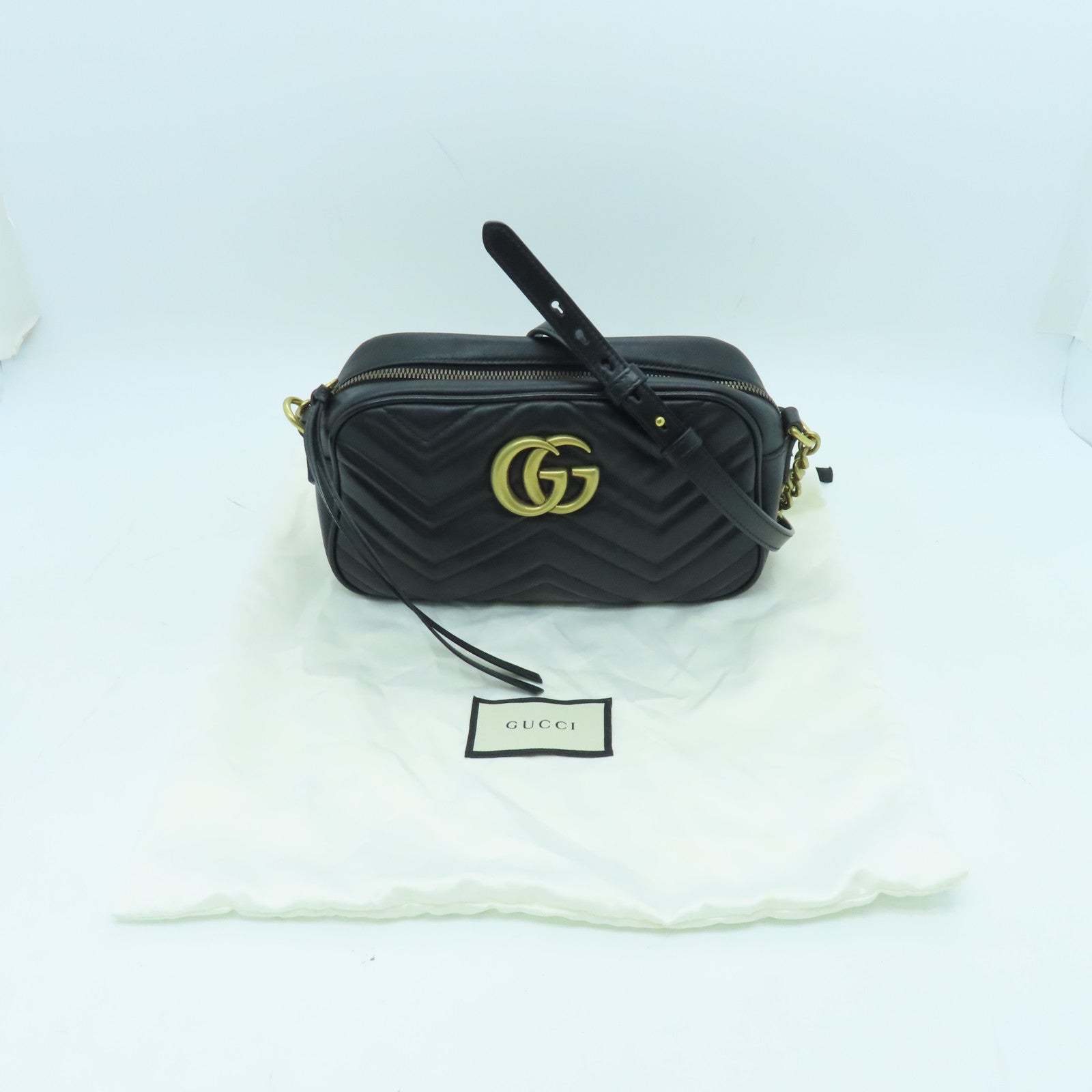 GUCCI Calfskin Leather GG Marmont Gold Buckle Shoulder Bag Black