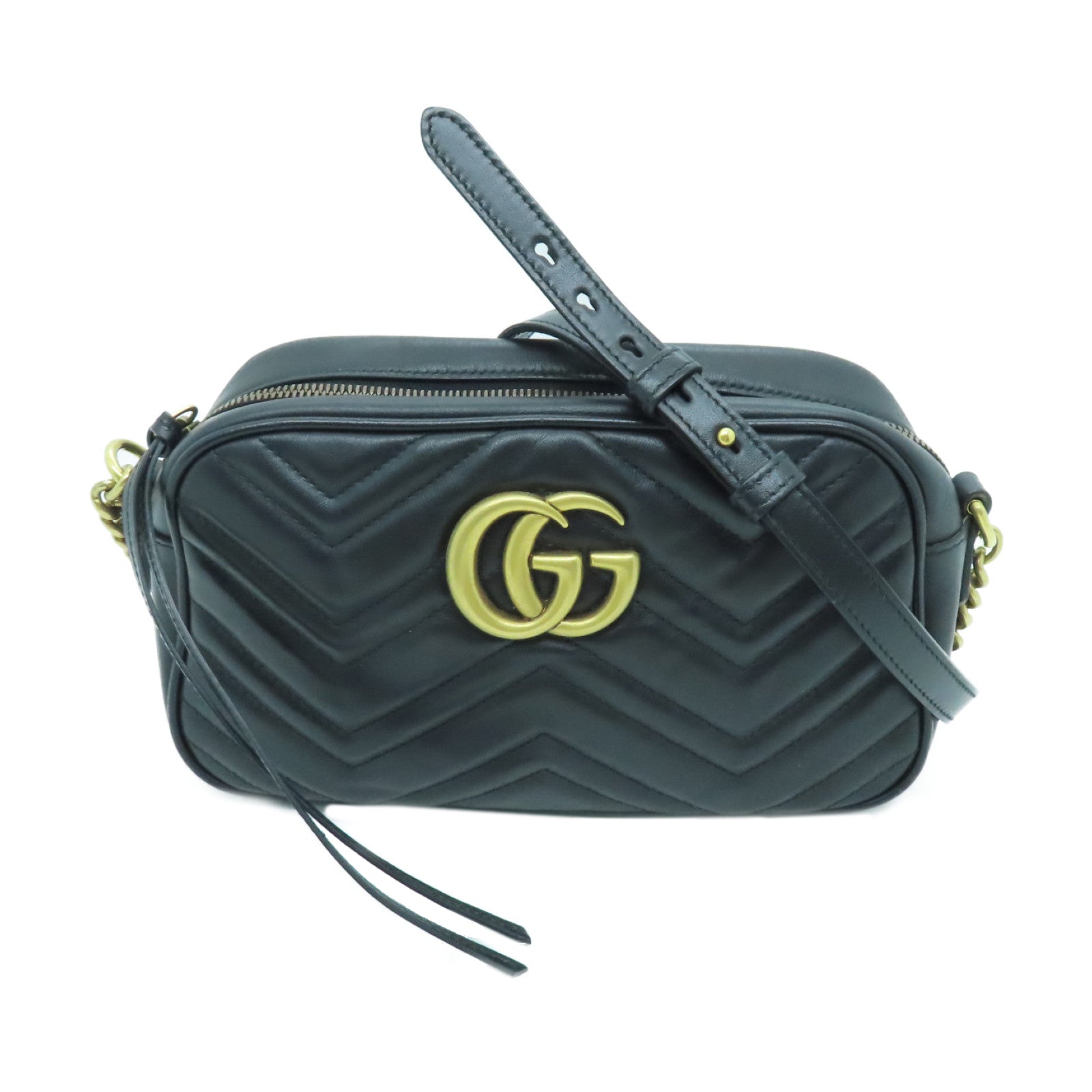 GUCCI Calfskin Leather GG Marmont Gold Buckle Shoulder Bag Black