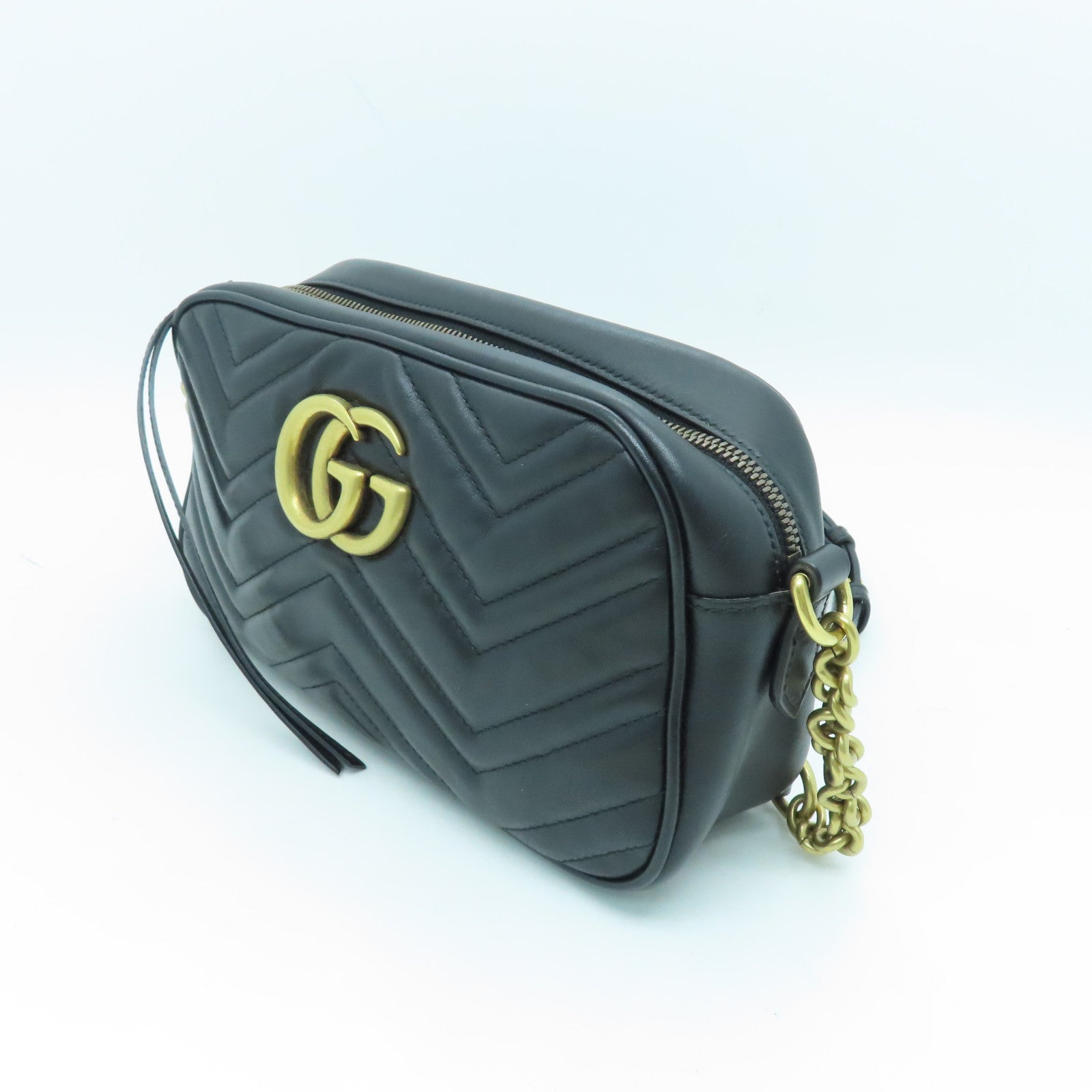 GUCCI Calfskin Leather GG Marmont Gold Buckle Shoulder Bag Black