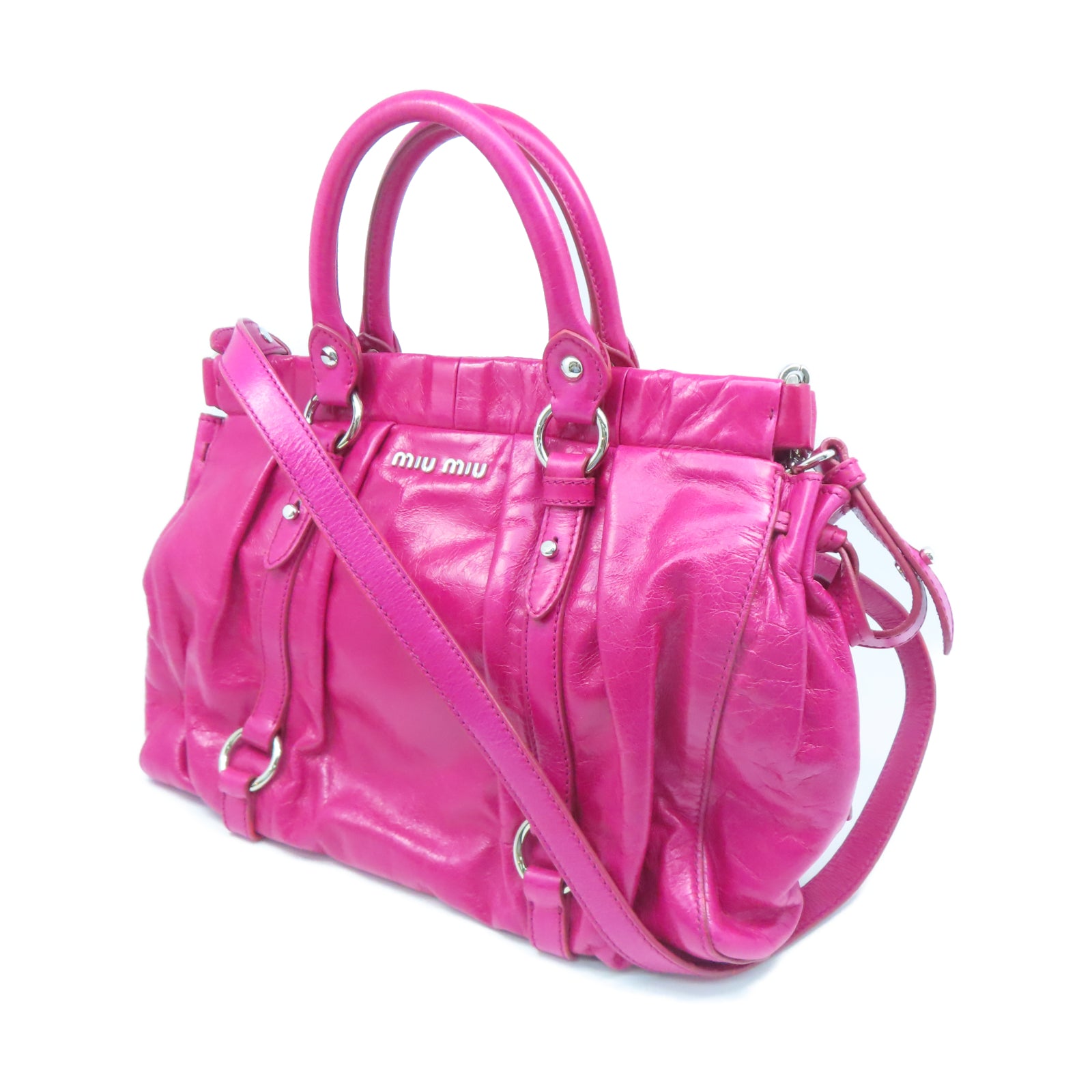 Miu Miu 牛皮皮革2 Way Shoulder銀扣手挽肩背兩用袋粉紅色