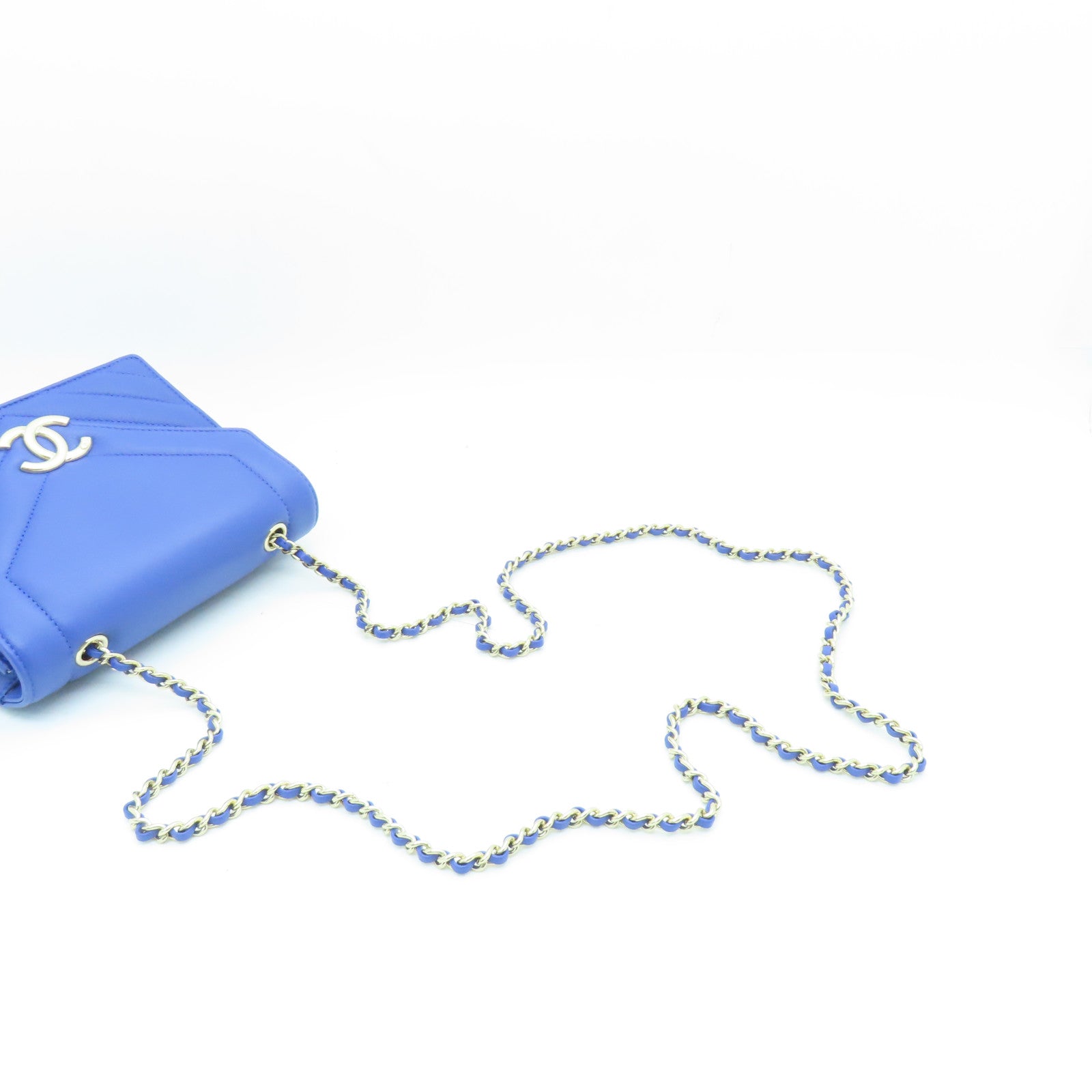 CHANEL 斜紋羊皮皮革Chain Shoulder Bag金扣鏈帶肩背袋藍色