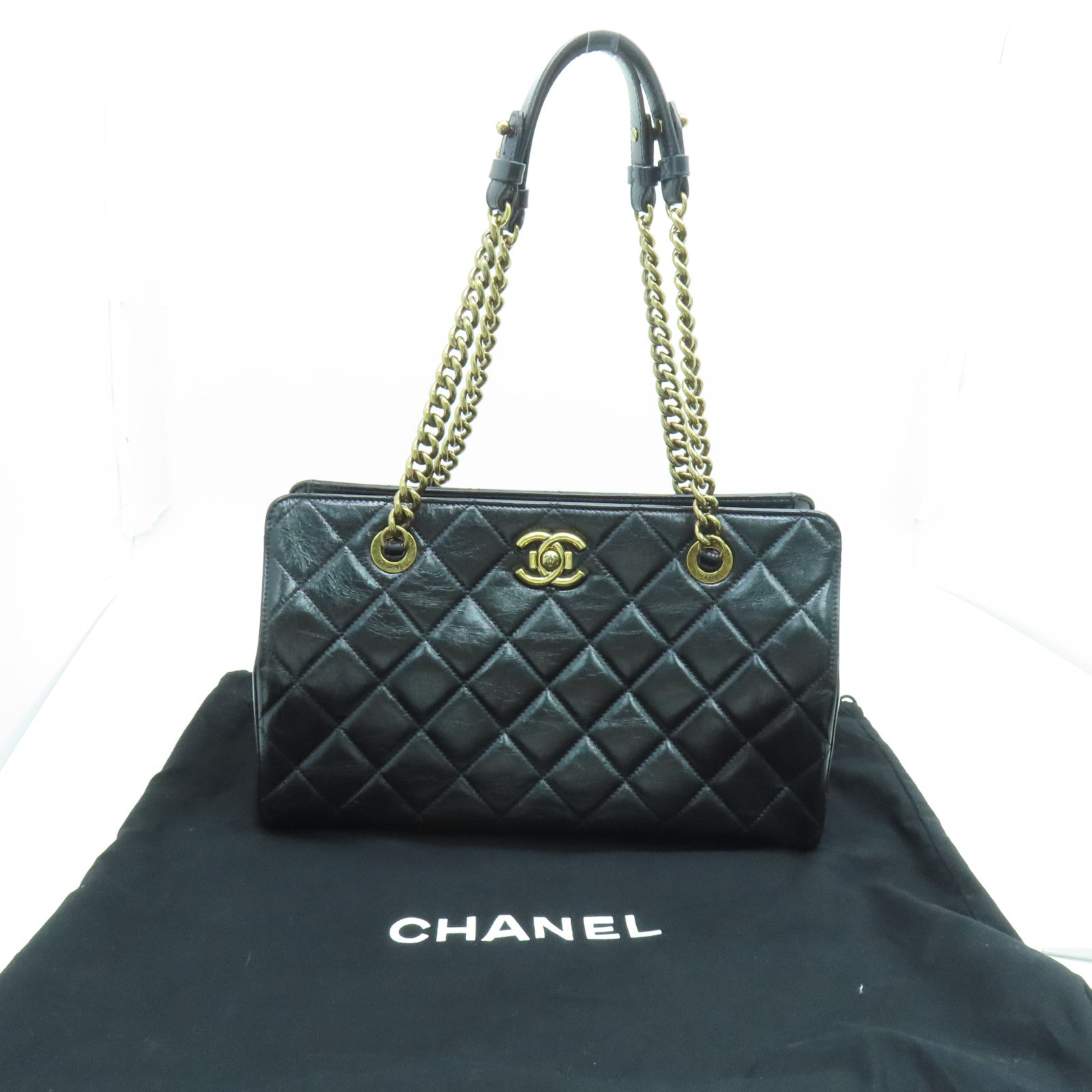 CHANEL 菱格Caviar皮革Tote Bag金扣手挽袋黑色