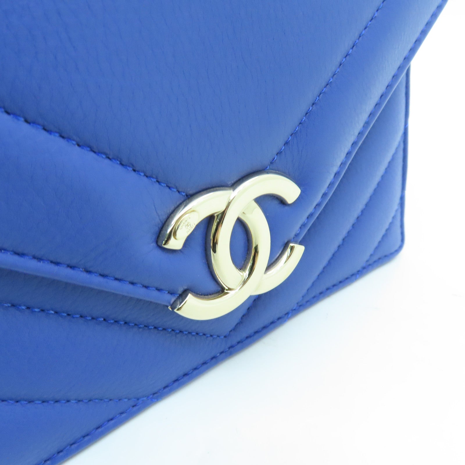 CHANEL 斜紋羊皮皮革Chain Shoulder Bag金扣鏈帶肩背袋藍色