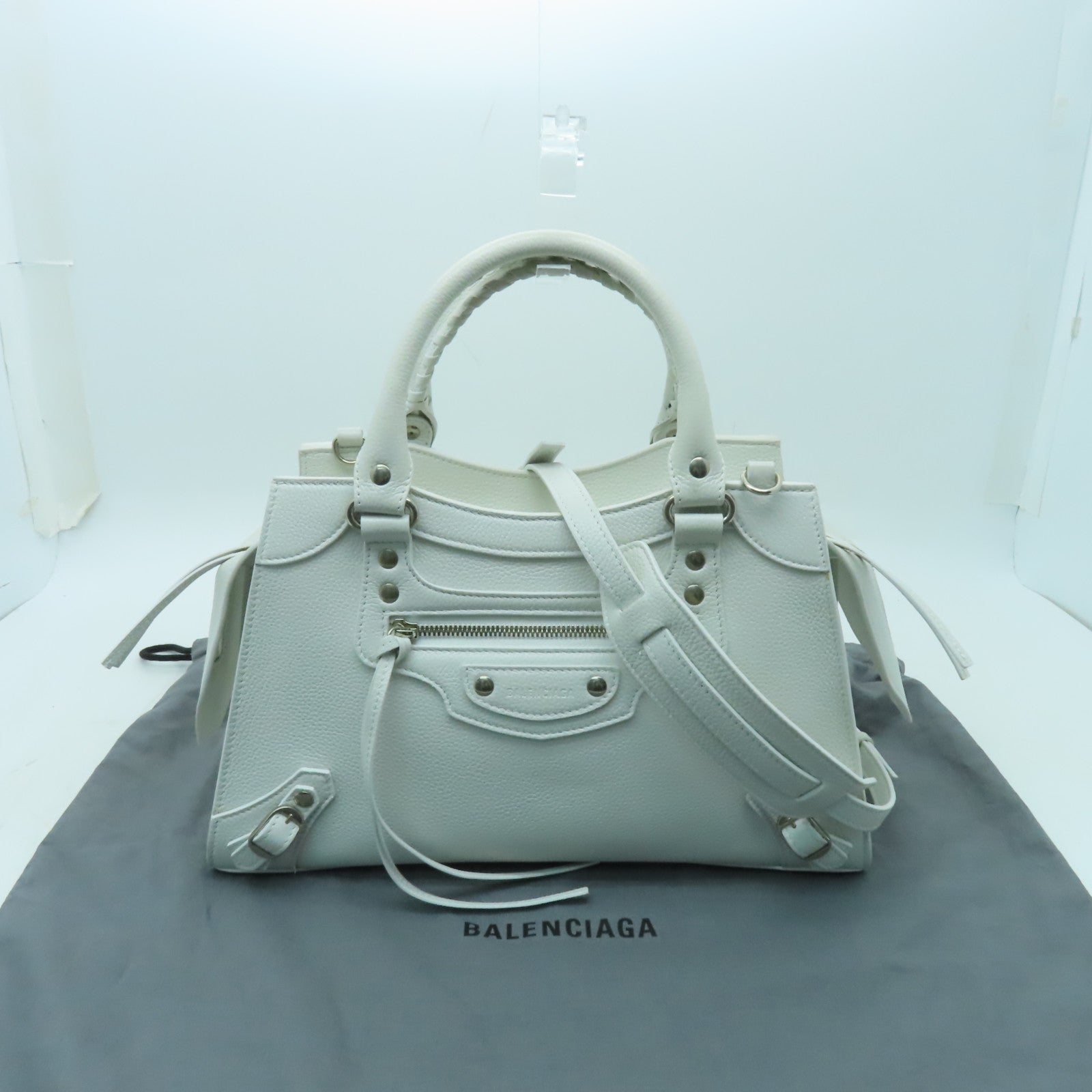 BALENCIAGA 牛皮皮革Neo Classic City S Bag銀扣手挽肩背兩用袋白色