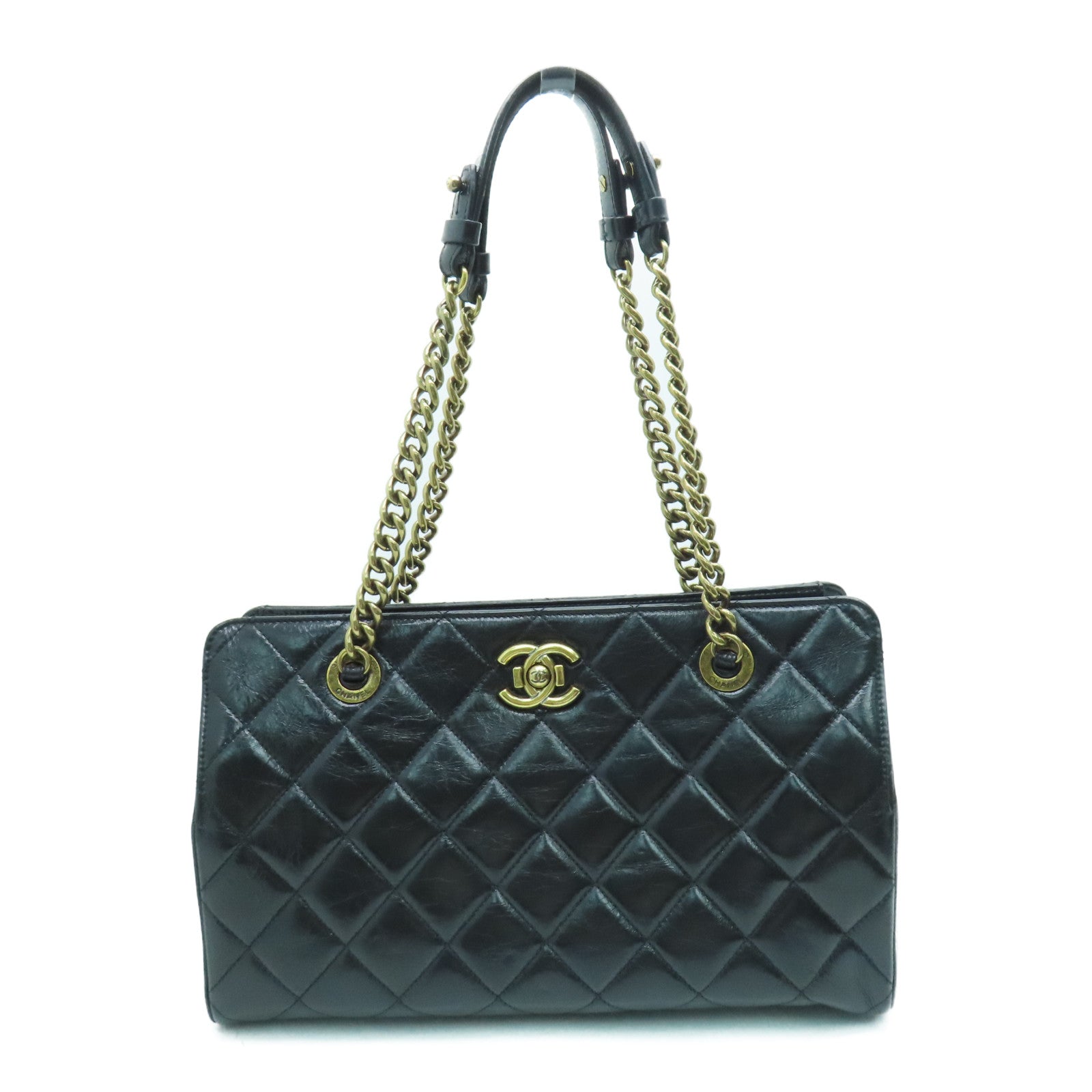 CHANEL 菱格Caviar皮革Tote Bag金扣手挽袋黑色