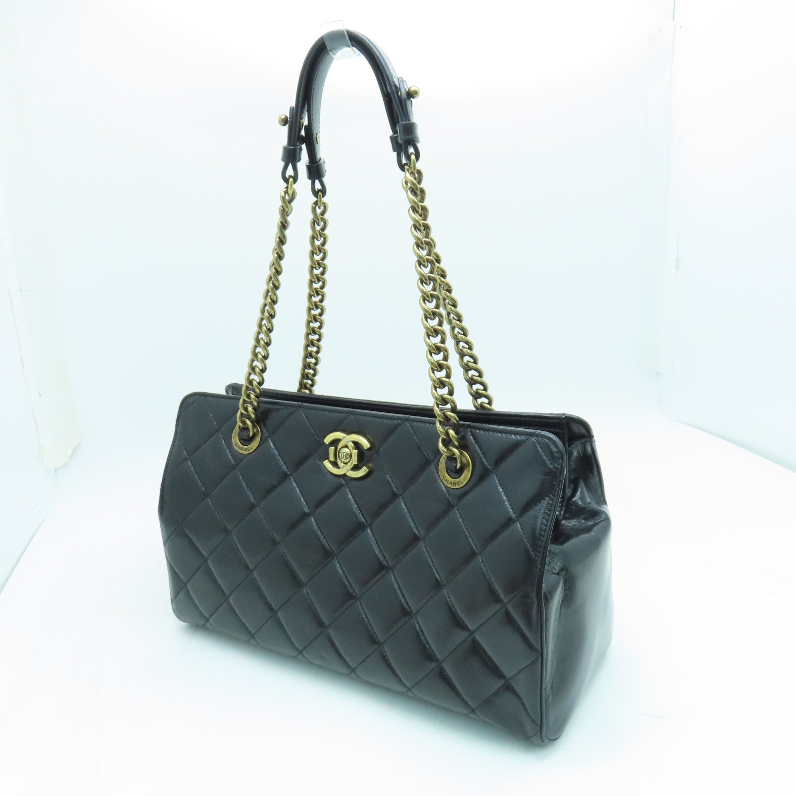 CHANEL 菱格Caviar皮革Tote Bag金扣手挽袋黑色