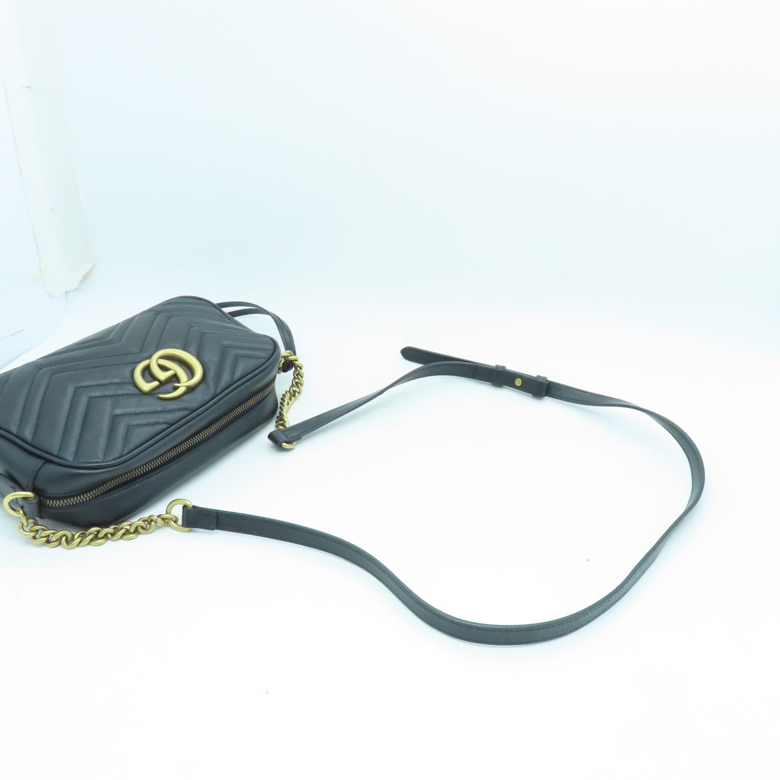 GUCCI Calfskin Leather GG Marmont Gold Buckle Shoulder Bag Black