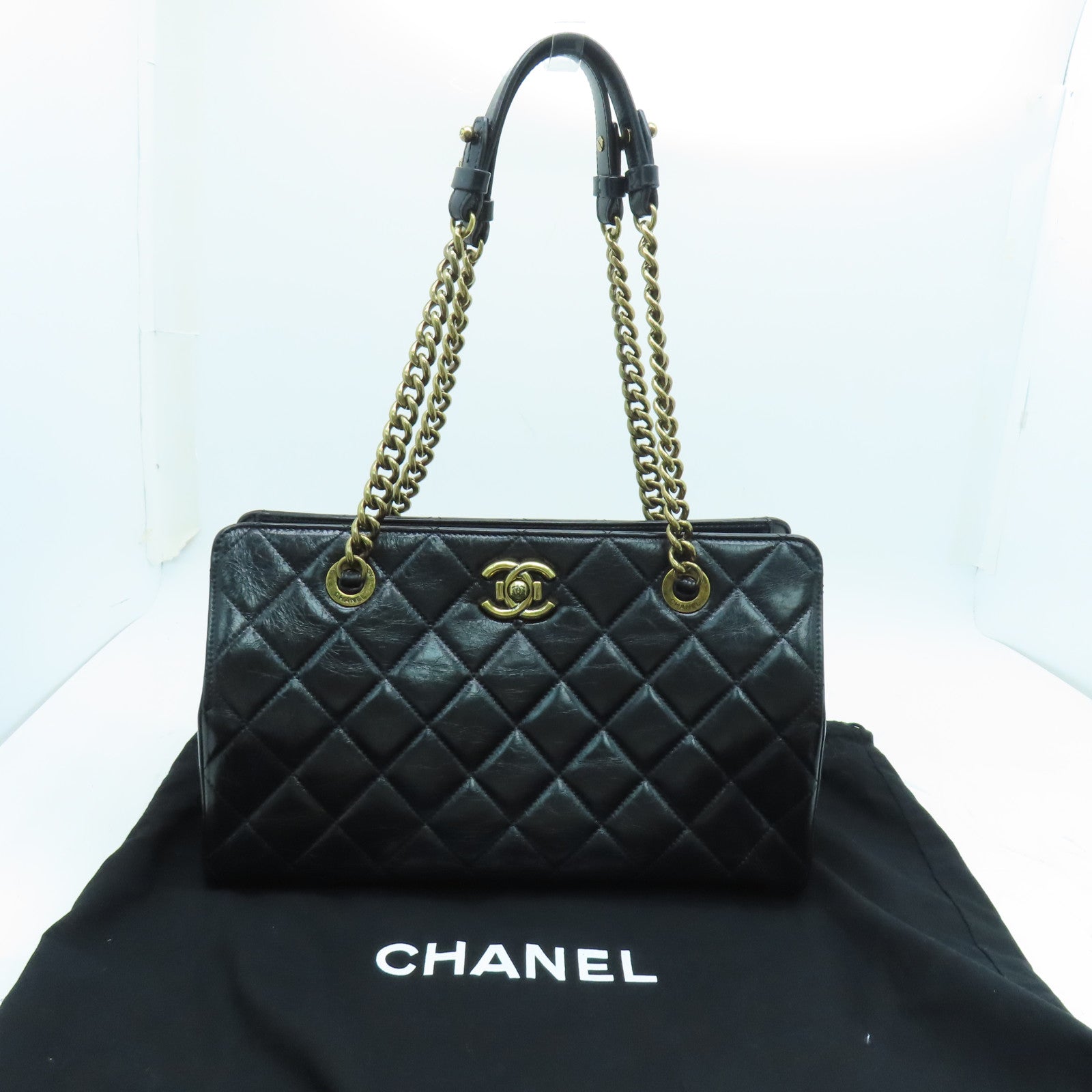 CHANEL 菱格Caviar皮革Tote Bag金扣手挽袋黑色