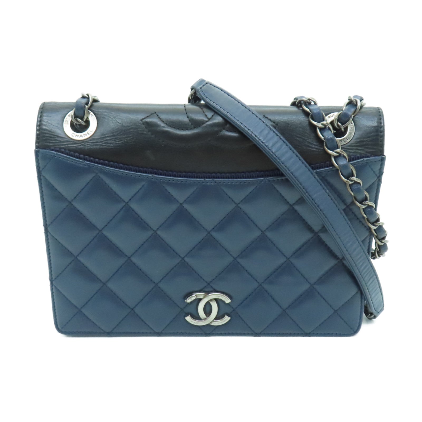CHANEL 【激減優惠】菱格牛皮皮革Chain Shoulder Bag銀扣鏈帶肩背袋深藍色/黑色