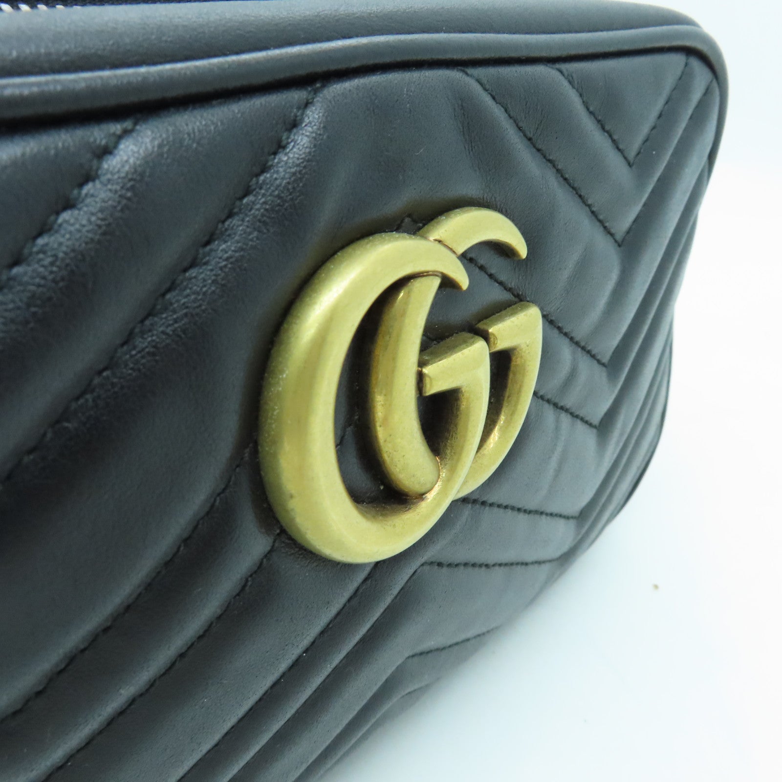 GUCCI Calfskin Leather GG Marmont Gold Buckle Shoulder Bag Black