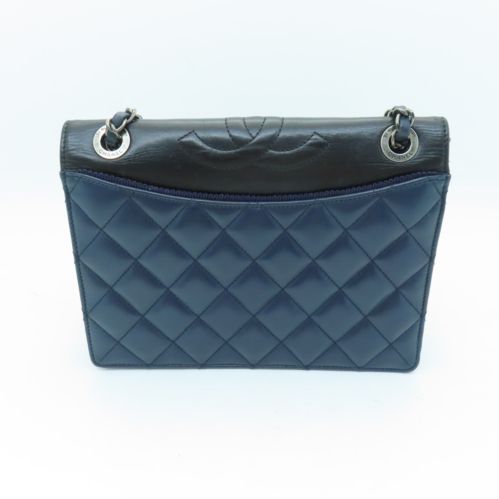 CHANEL 【激減優惠】菱格牛皮皮革Chain Shoulder Bag銀扣鏈帶肩背袋深藍色/黑色
