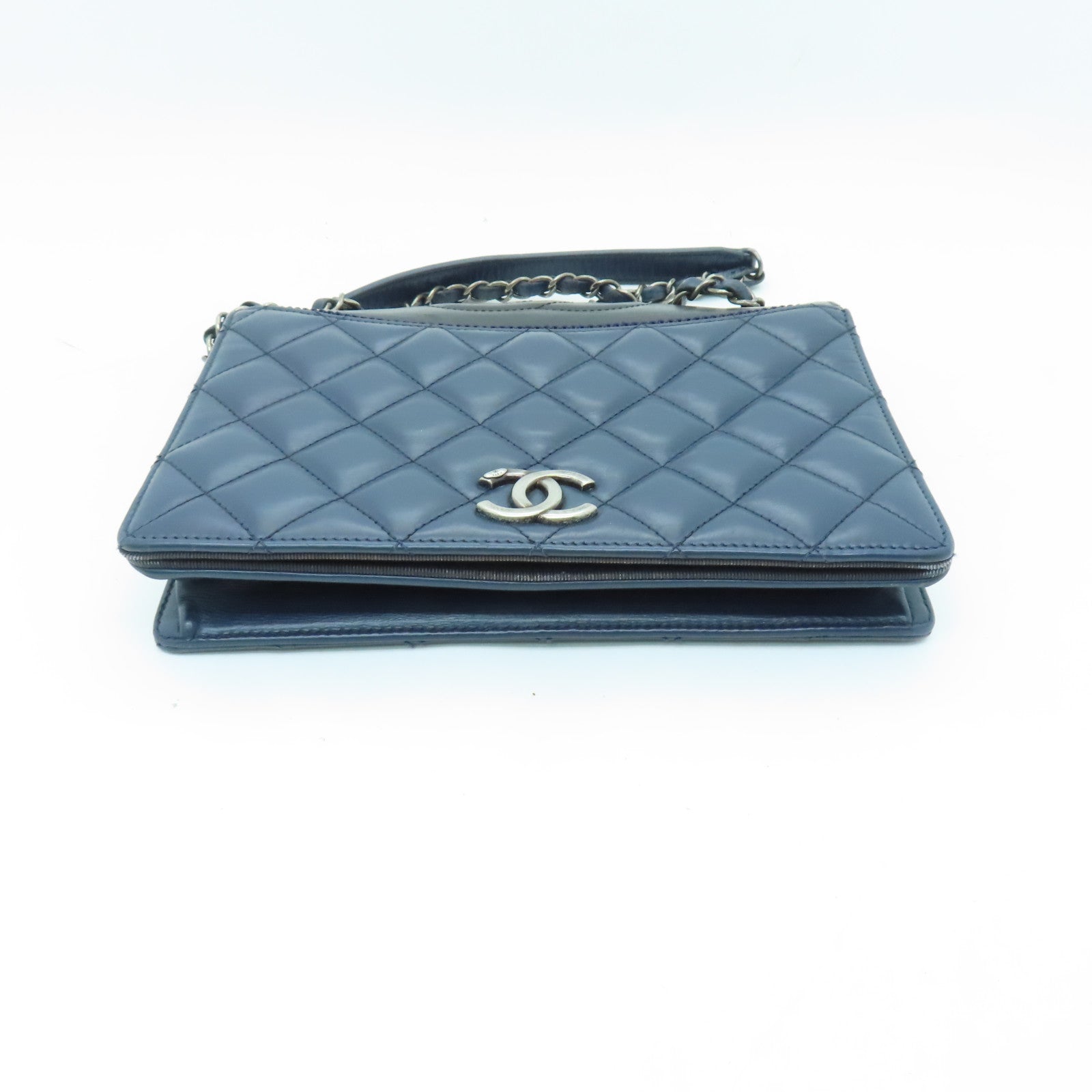 CHANEL 【激減優惠】菱格牛皮皮革Chain Shoulder Bag銀扣鏈帶肩背袋深藍色/黑色