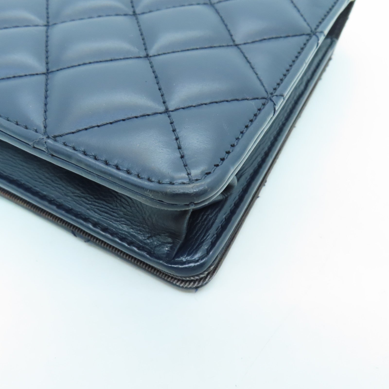 CHANEL 【激減優惠】菱格牛皮皮革Chain Shoulder Bag銀扣鏈帶肩背袋深藍色/黑色