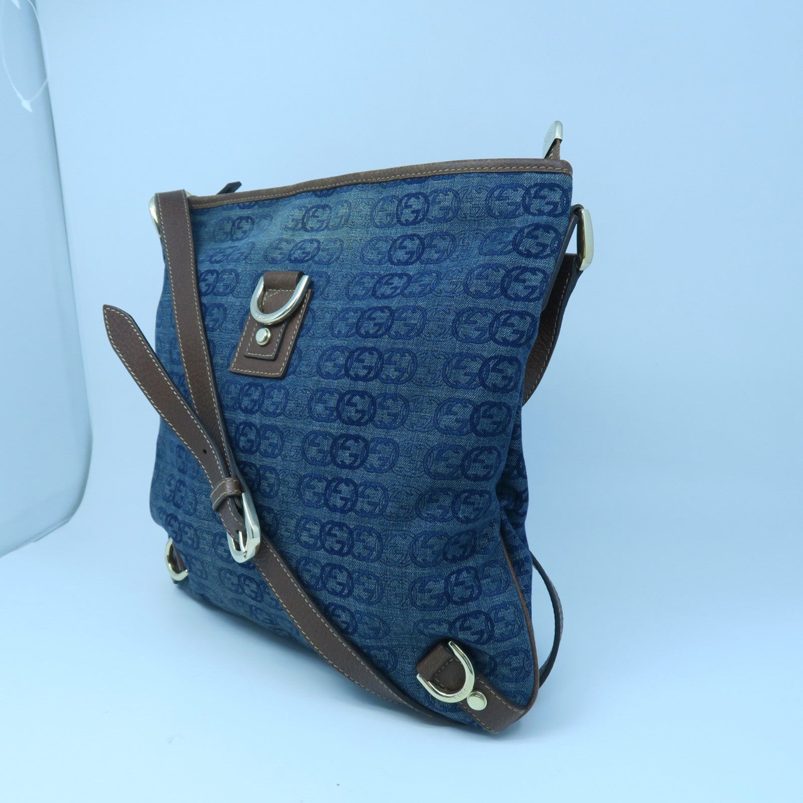 GUCCI 【激減優惠】帆布/牛皮皮革Shoulder Bag金扣肩背袋藍色