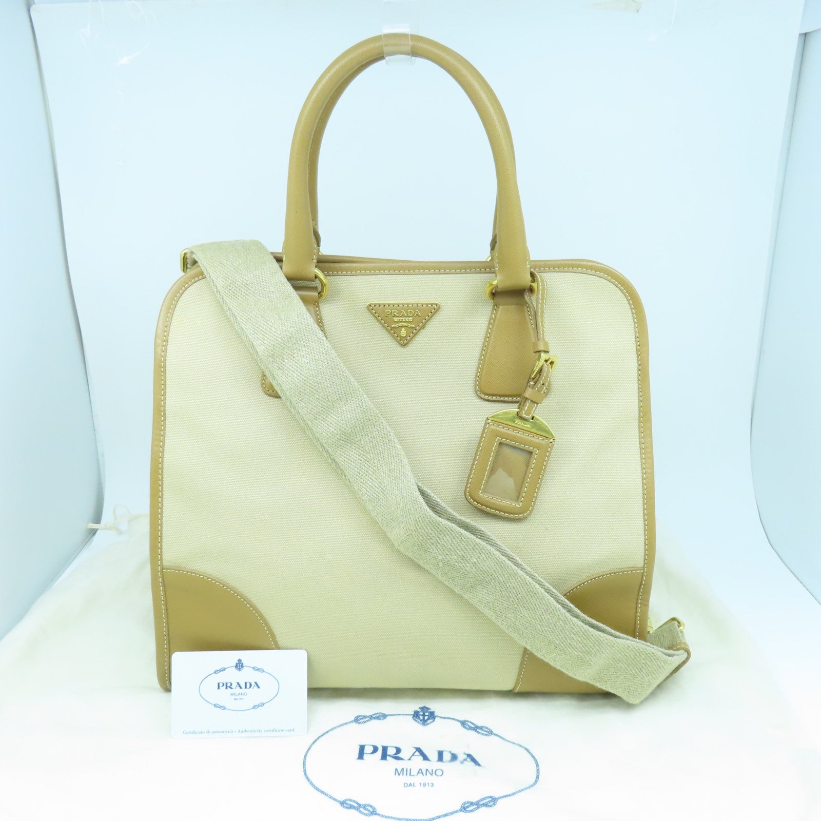 PRADA 牛皮皮革/帆布2way Shoulder Bag金扣手挽肩背两用袋米色
