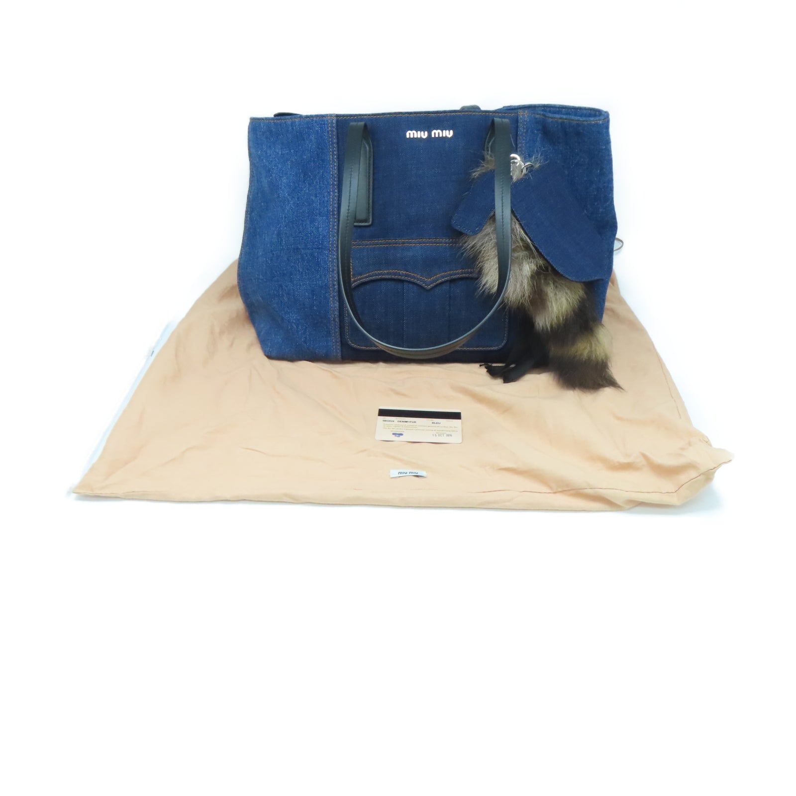 Miu Miu 牛仔布/貉尾毛Tote Bag銀扣手挽袋藍色