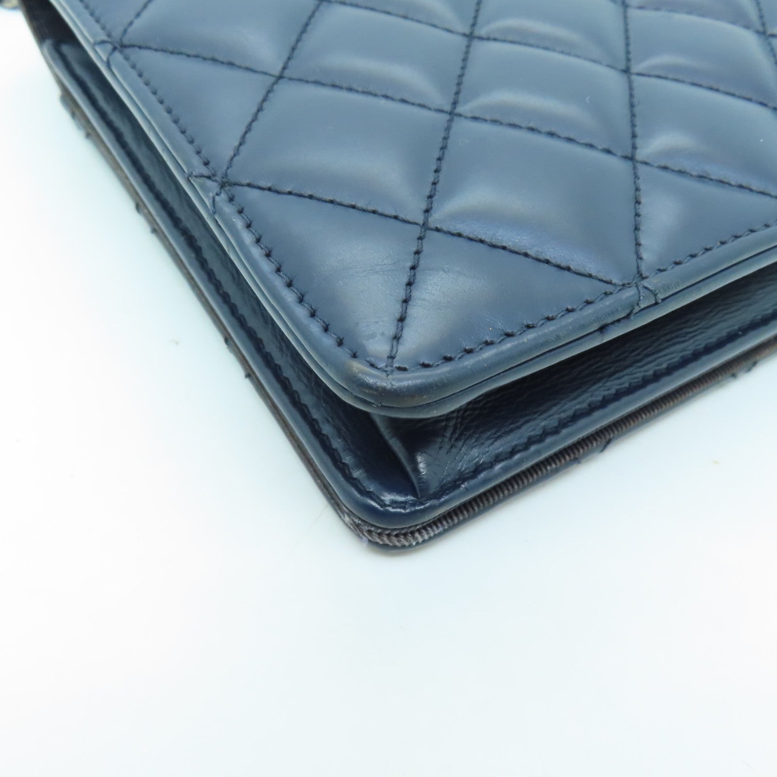 CHANEL 【激減優惠】菱格牛皮皮革Chain Shoulder Bag銀扣鏈帶肩背袋深藍色/黑色