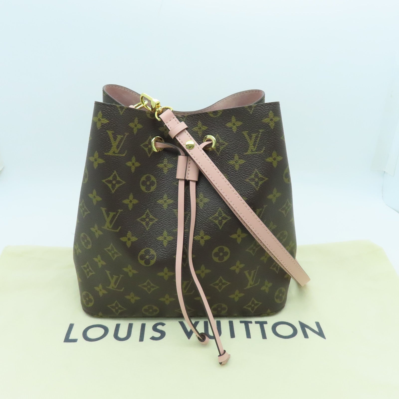 LOUIS VUITTON Monogram Neo Noe MM金扣肩背袋棕色/粉紅色