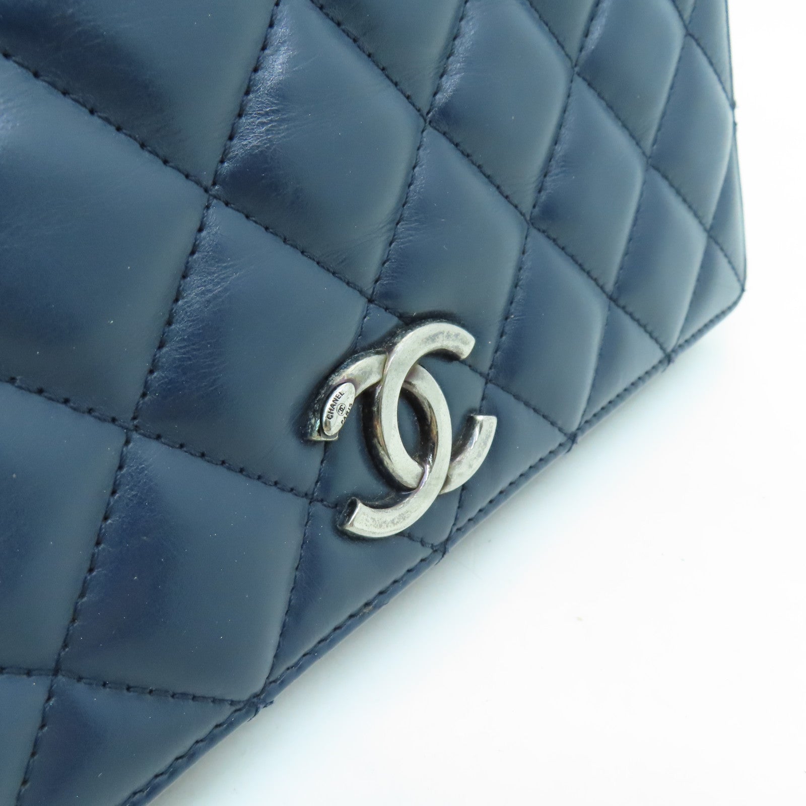 CHANEL 【激減優惠】菱格牛皮皮革Chain Shoulder Bag銀扣鏈帶肩背袋深藍色/黑色