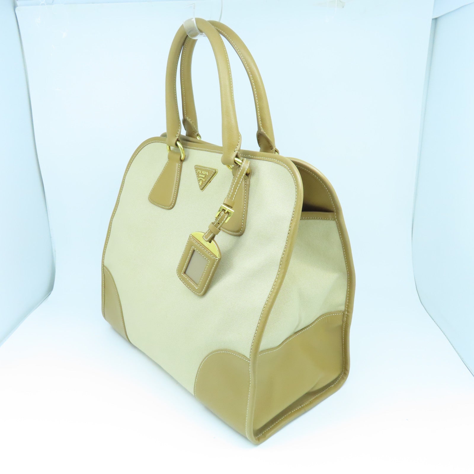 PRADA 牛皮皮革/帆布2way Shoulder Bag金扣手挽肩背两用袋米色