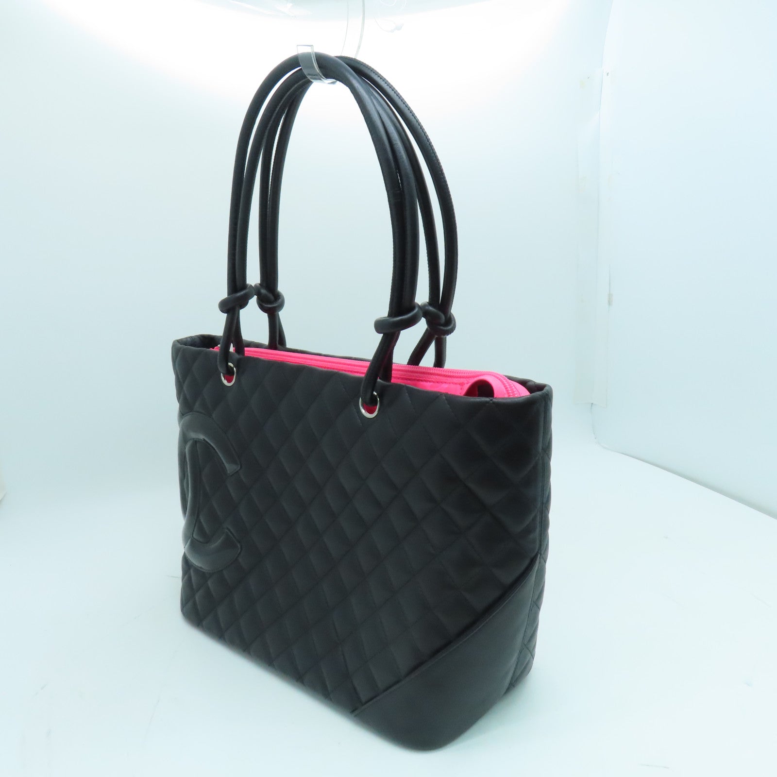 CHANEL 菱格牛皮皮革Cambon手挽袋银扣黑色