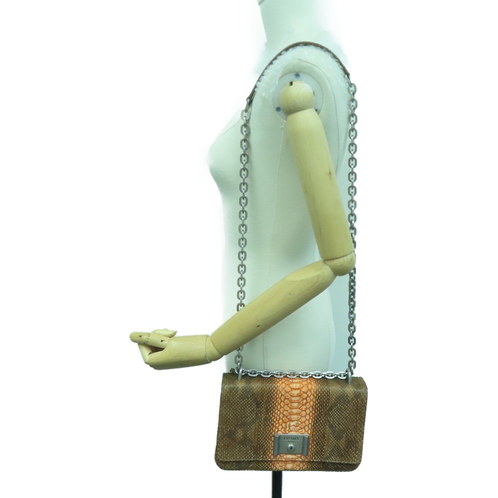 PRADA 【激减优惠】蛇皮皮革Chain Shoulder Bag银扣肩背袋啡色橙色