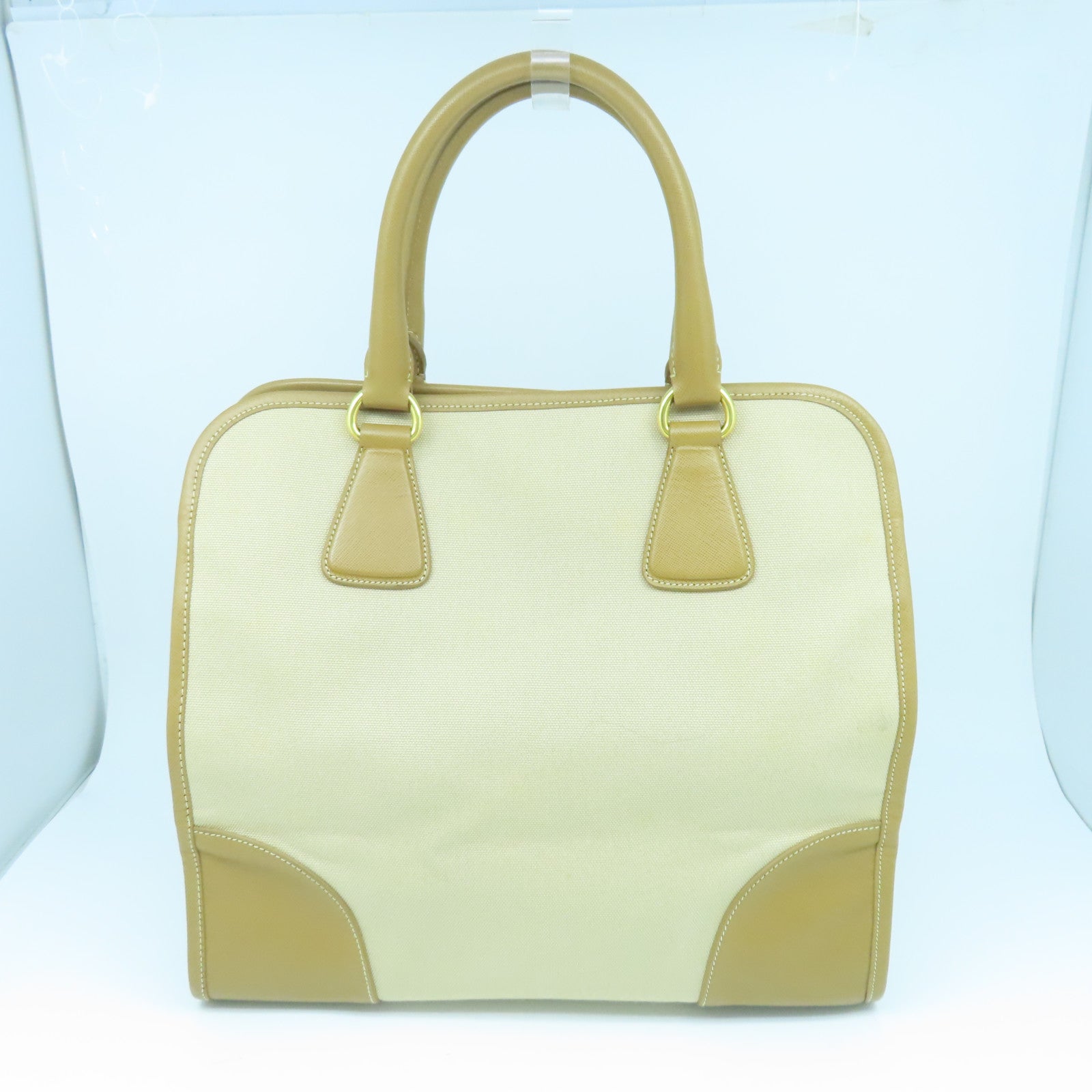 PRADA 牛皮皮革/帆布2way Shoulder Bag金扣手挽肩背两用袋米色