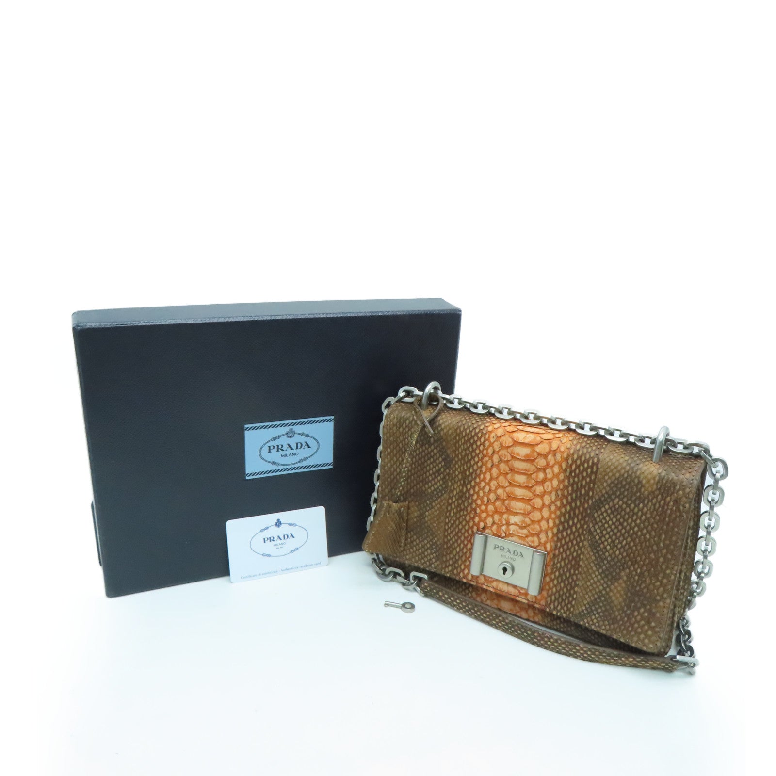 PRADA 【激减优惠】蛇皮皮革Chain Shoulder Bag银扣肩背袋啡色橙色