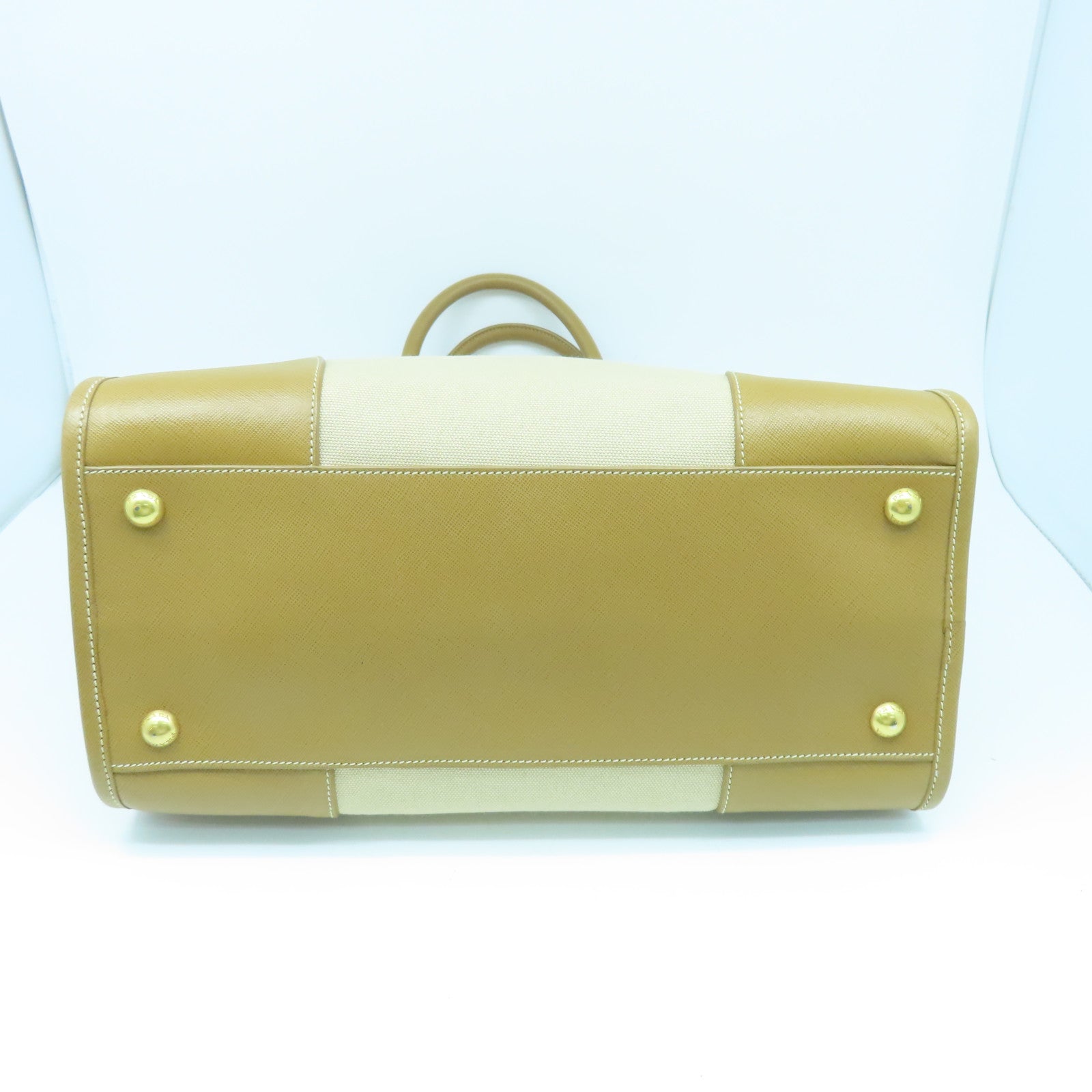 PRADA 牛皮皮革/帆布2way Shoulder Bag金扣手挽肩背两用袋米色