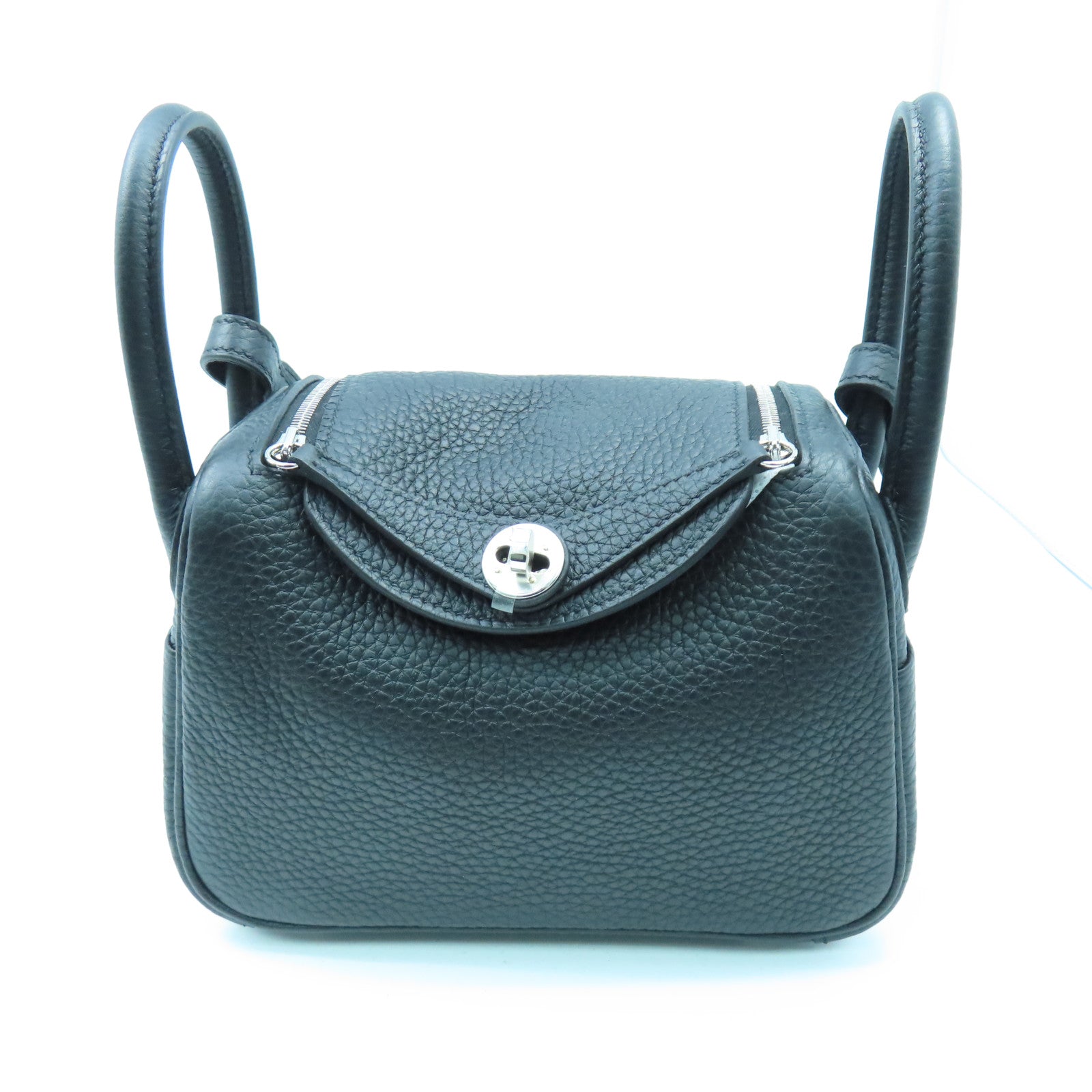 HERMES Taurillon Clemence皮革Mini Lindy銀扣手挽肩背兩用袋黑色