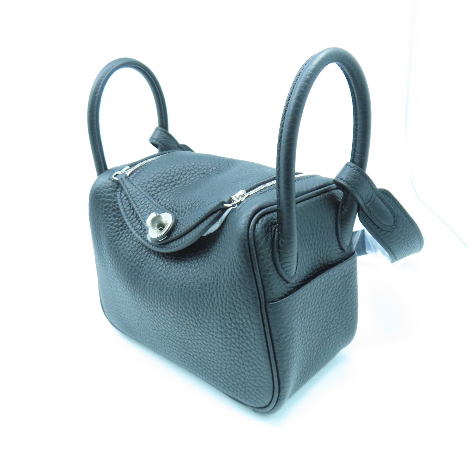 HERMES Taurillon Clemence皮革Mini Lindy銀扣手挽肩背兩用袋黑色
