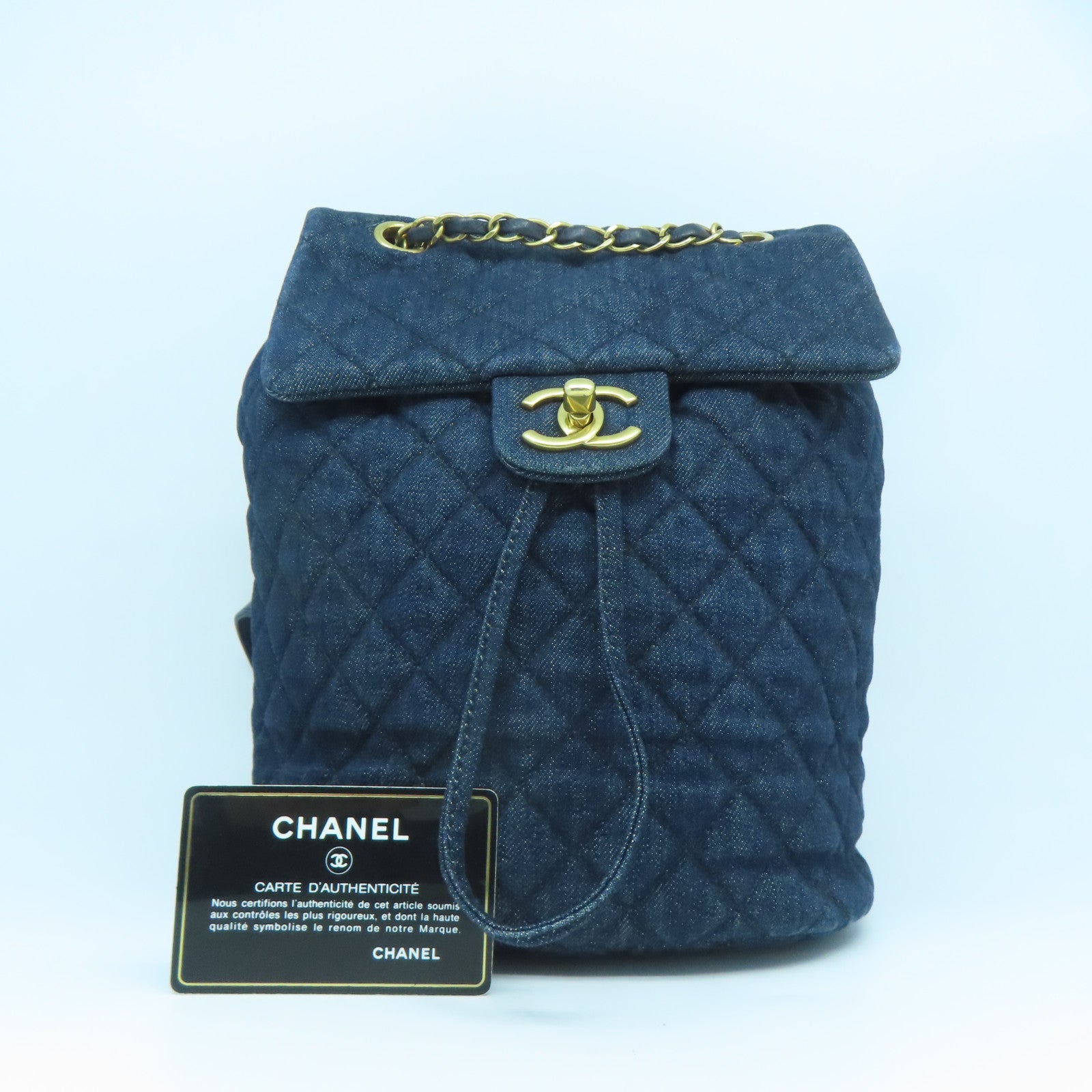 CHANEL 菱格牛仔布Backpack金扣背包藍色