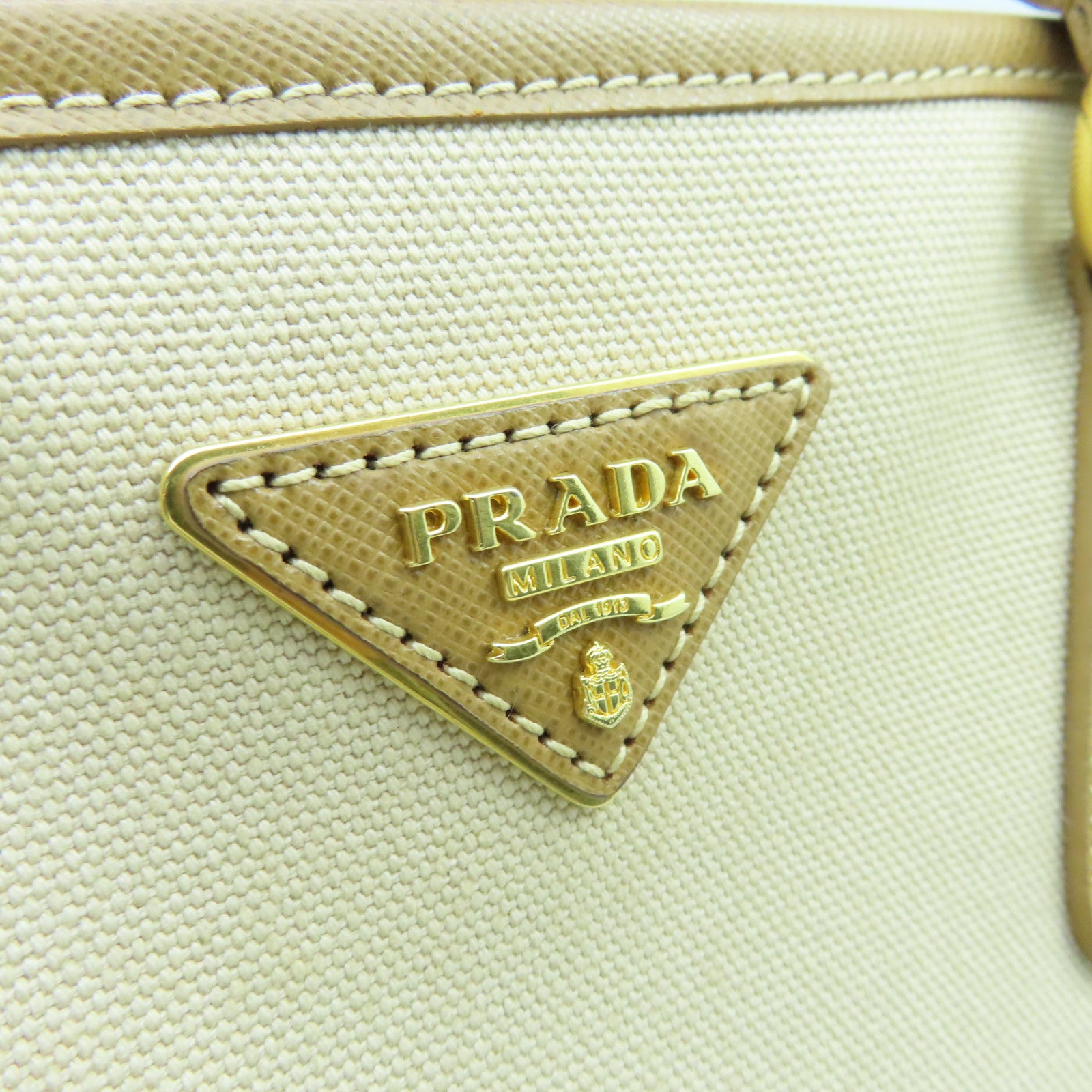 PRADA 牛皮皮革/帆布2way Shoulder Bag金扣手挽肩背两用袋米色