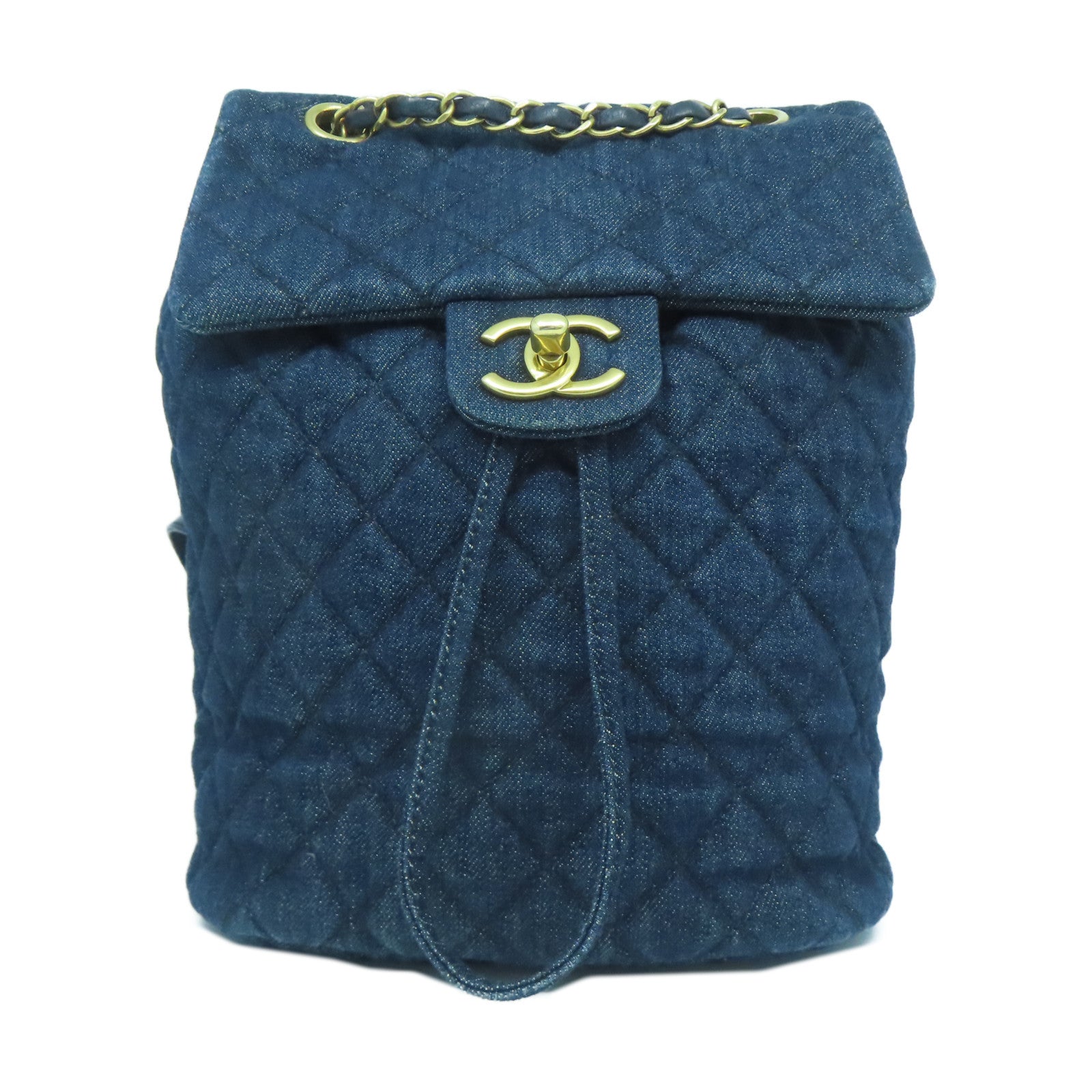 CHANEL 菱格牛仔布Backpack金扣背包藍色