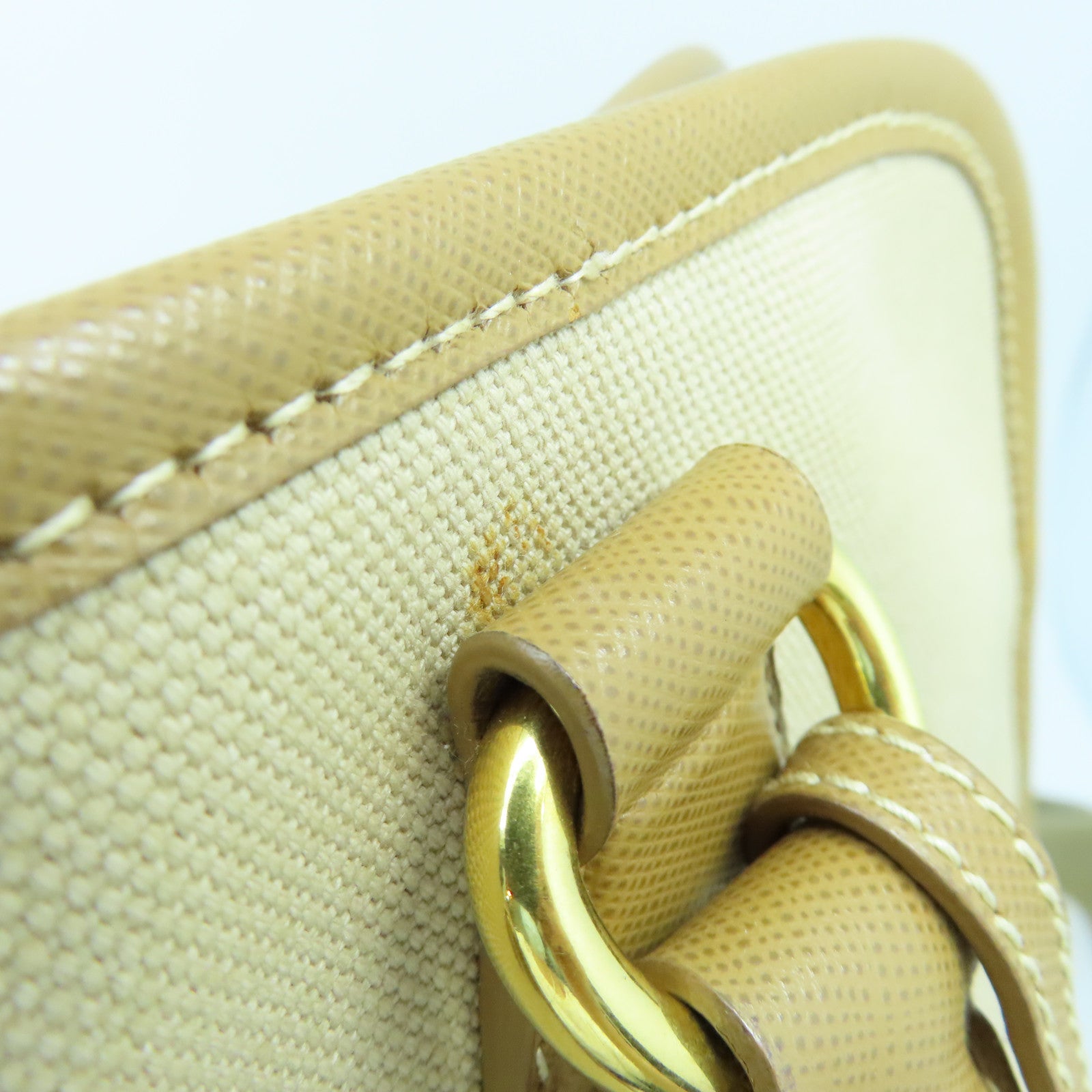 PRADA 牛皮皮革/帆布2way Shoulder Bag金扣手挽肩背两用袋米色