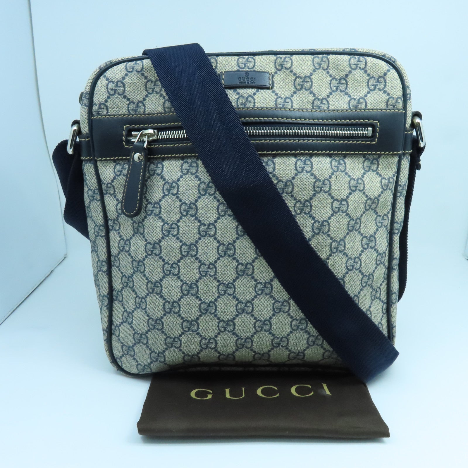 GUCCI 塗層帆布Shoulder Bag銀扣肩背袋藍色米色
