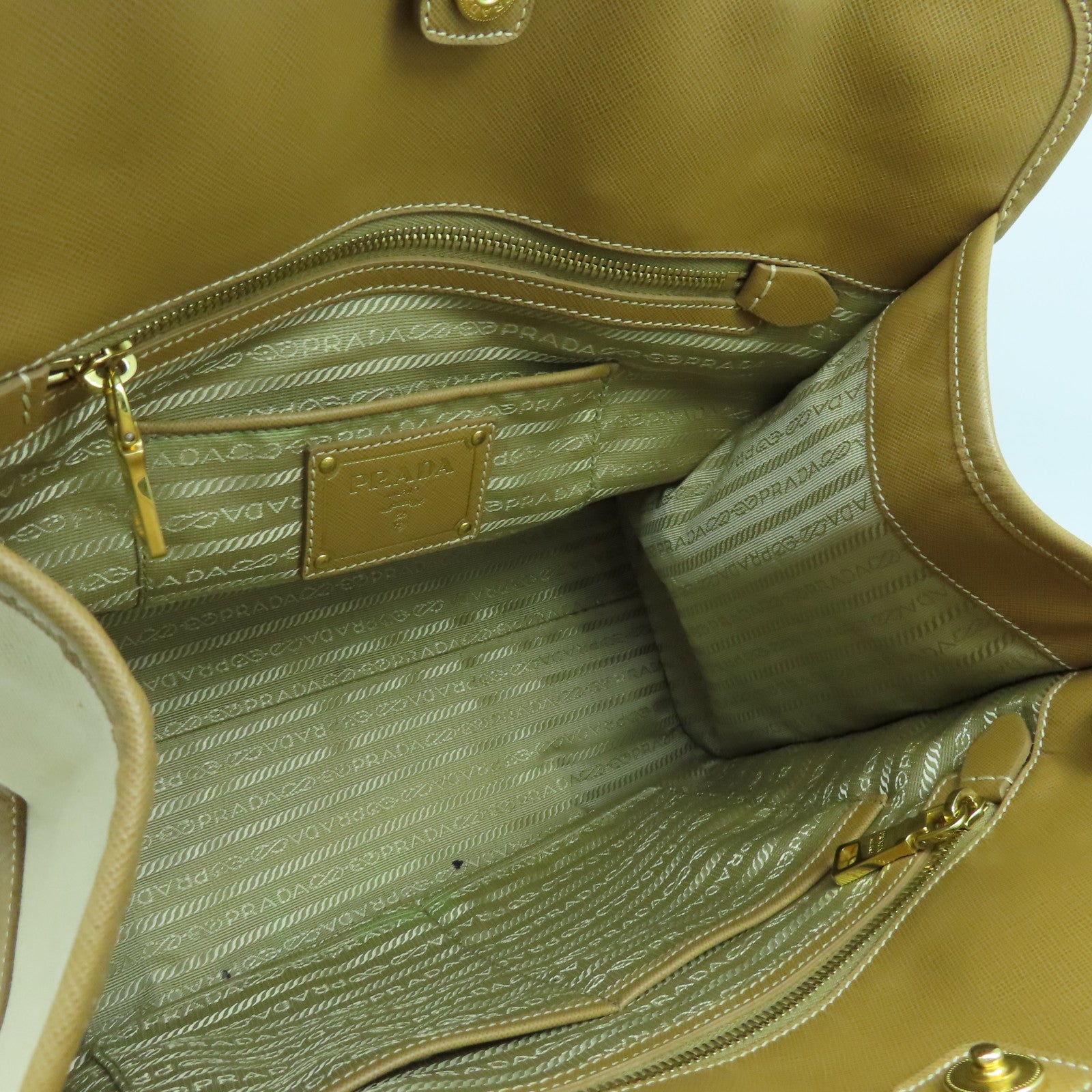 PRADA 牛皮皮革/帆布2way Shoulder Bag金扣手挽肩背两用袋米色