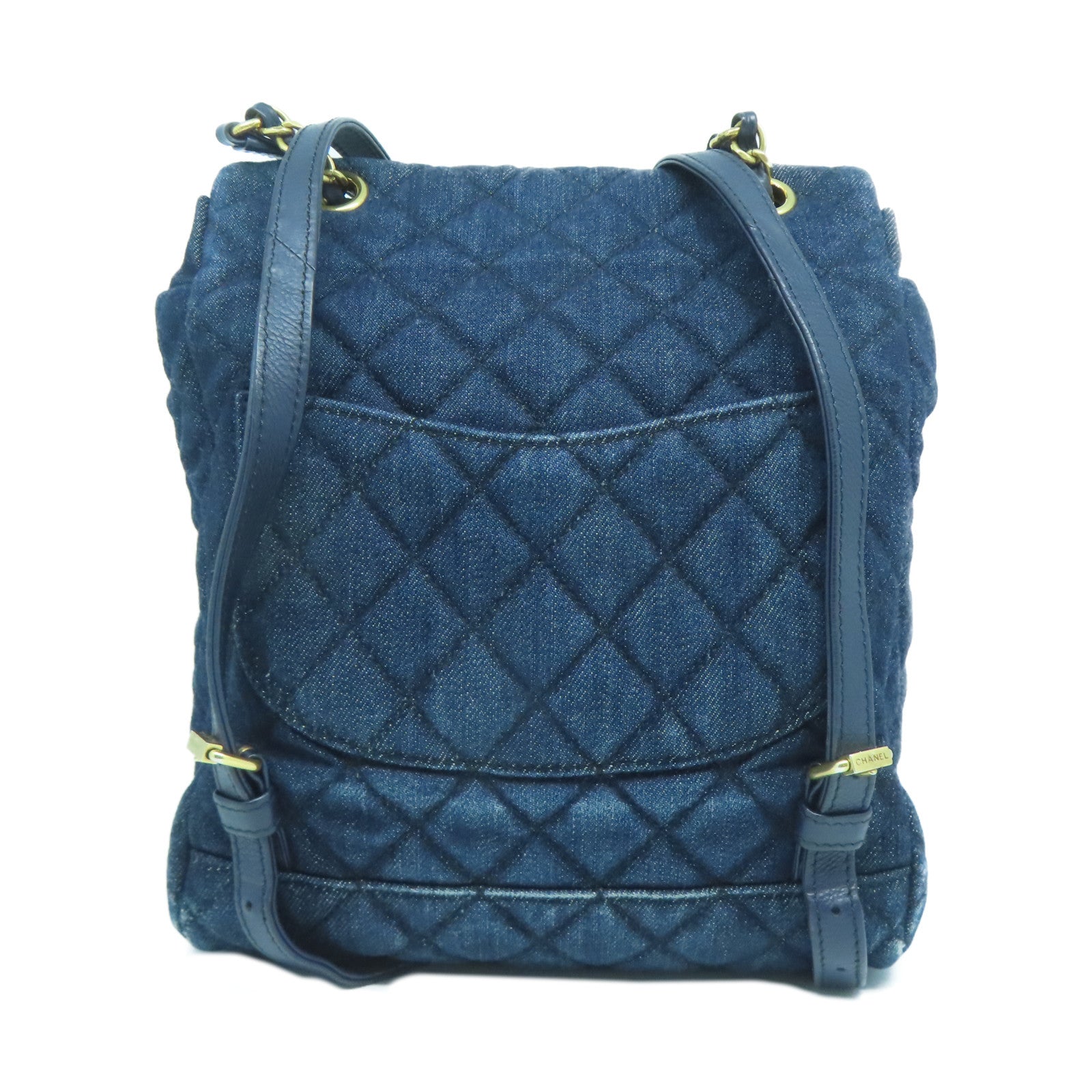 CHANEL 菱格牛仔布Backpack金扣背包藍色