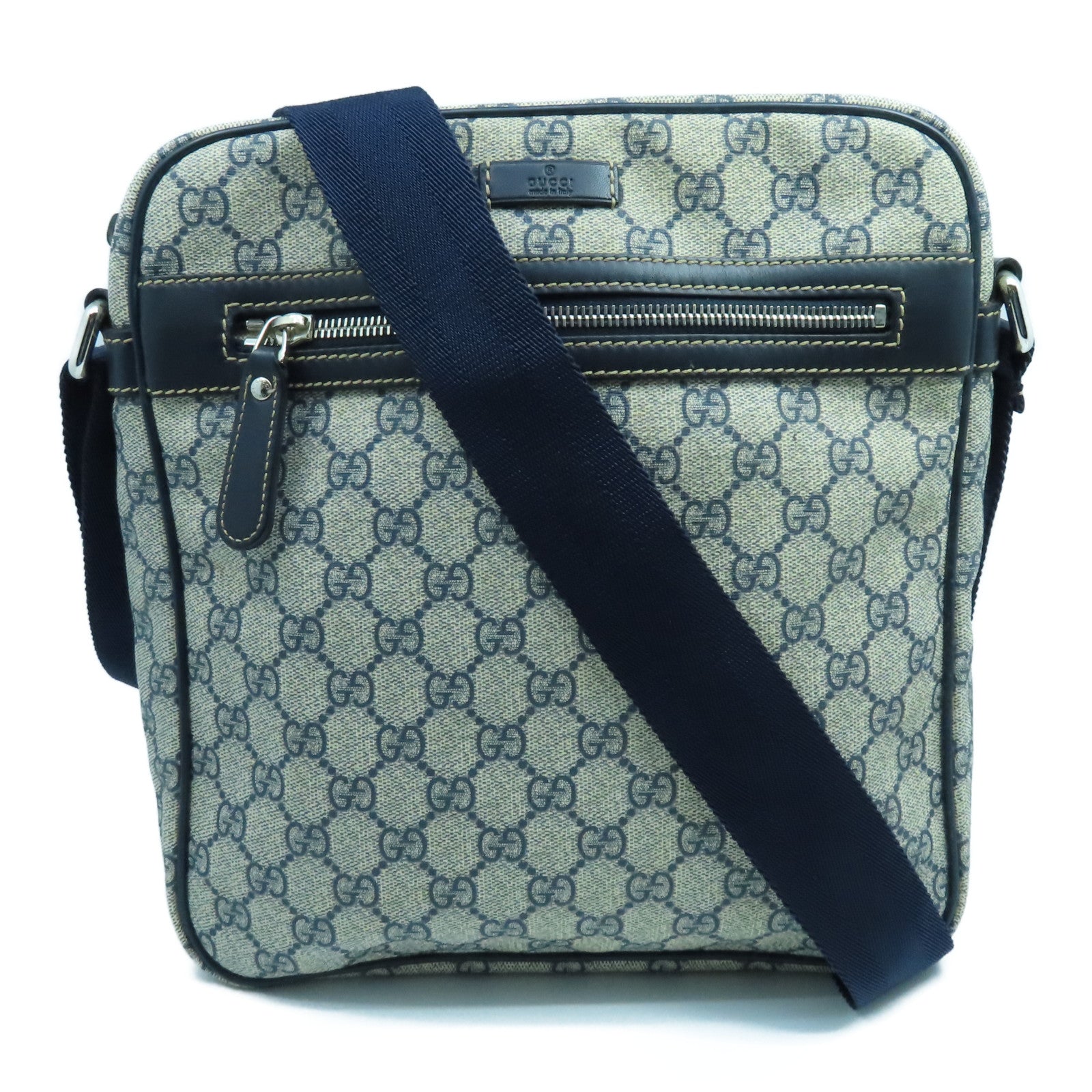 GUCCI 塗層帆布Shoulder Bag銀扣肩背袋藍色米色