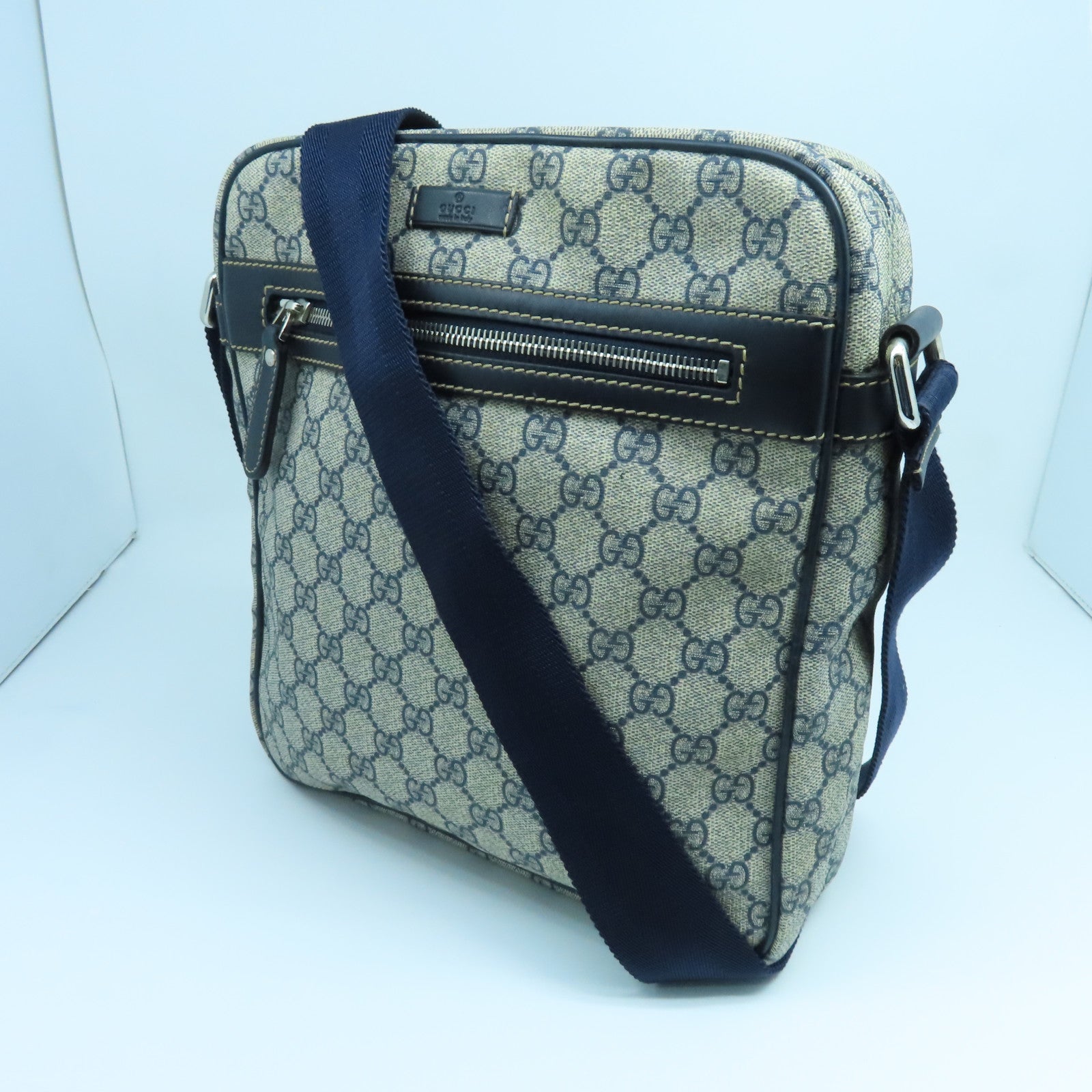 GUCCI 塗層帆布Shoulder Bag銀扣肩背袋藍色米色