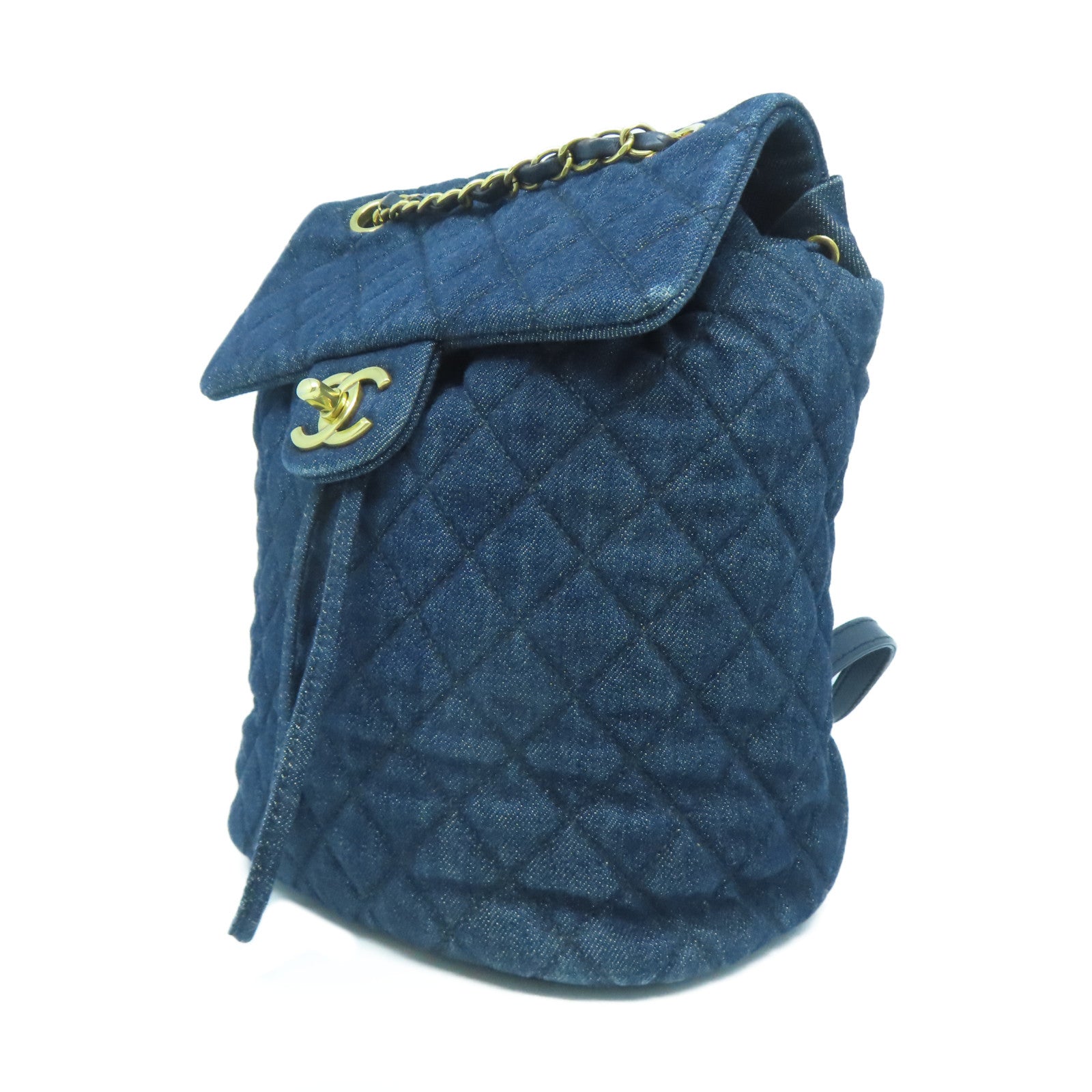 CHANEL 菱格牛仔布Backpack金扣背包藍色