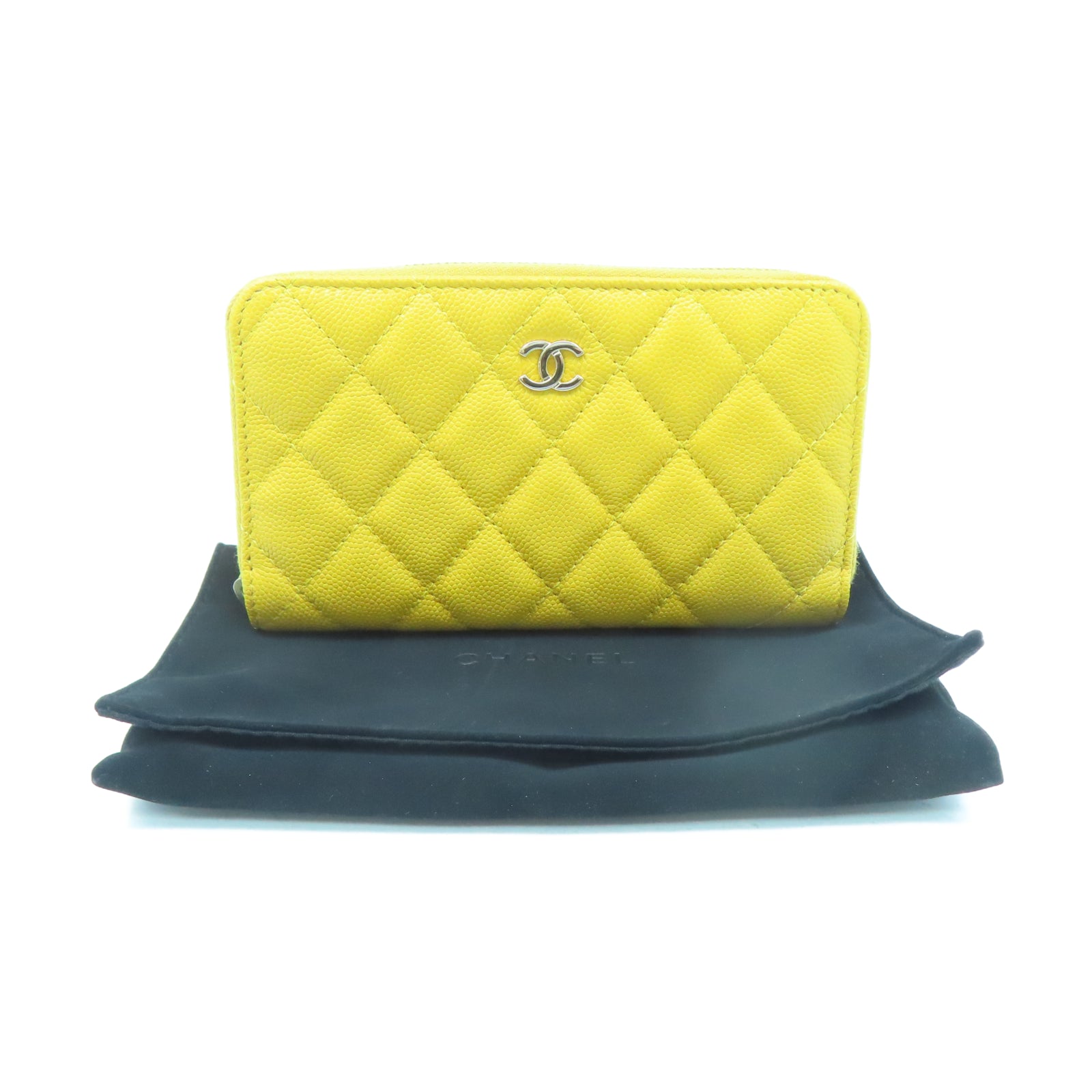 CHANEL 菱格Caviar皮革Wallet金扣錢包黃色