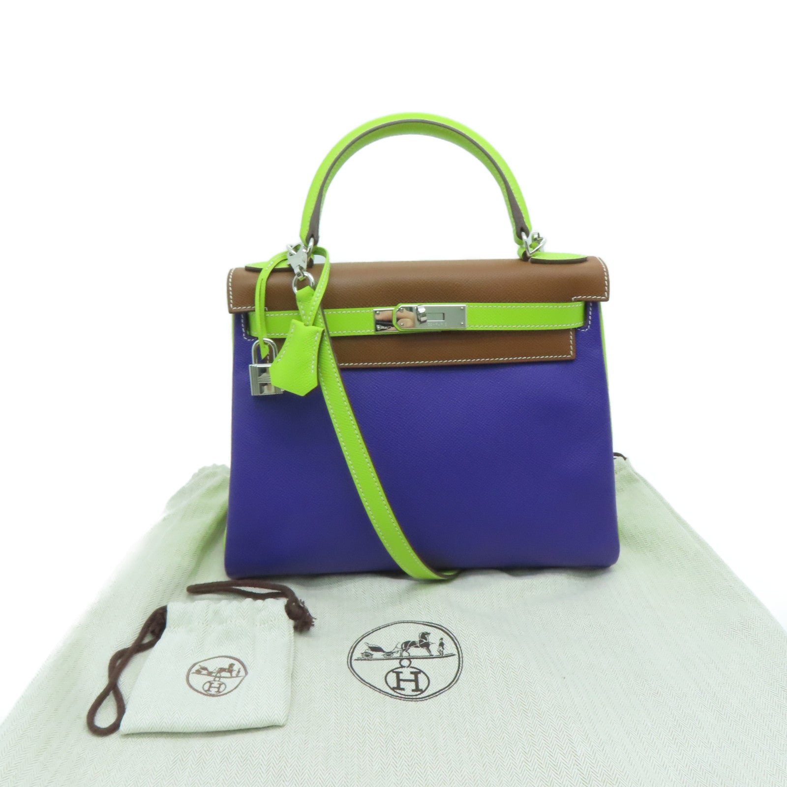 HERMES Epsom皮革Kelly 28银扣手挽肩背两用袋啡色/黄绿色/绿色
