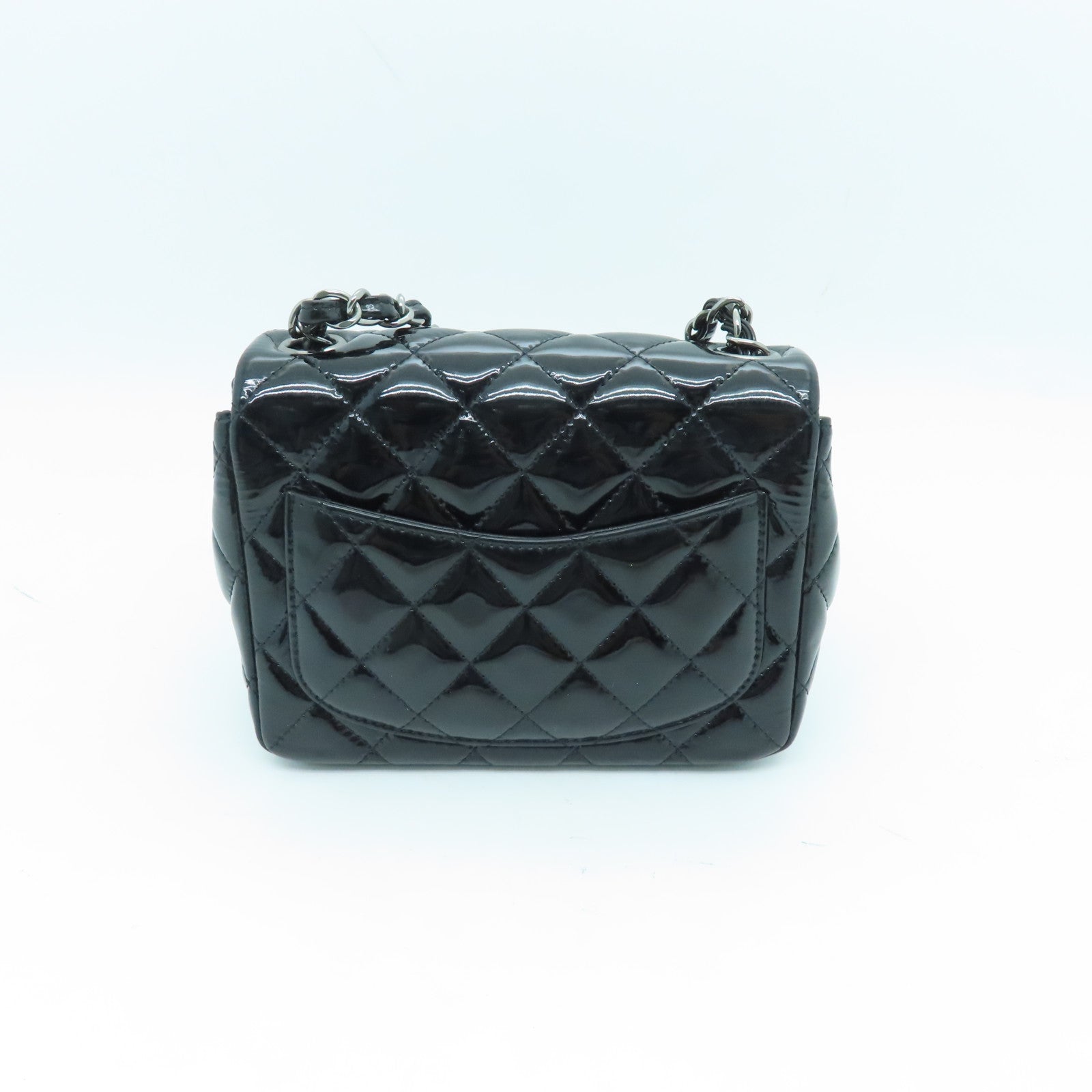 CHANEL 菱格漆皮皮革Chain Shoulder銀扣鏈帶肩背袋黑色
