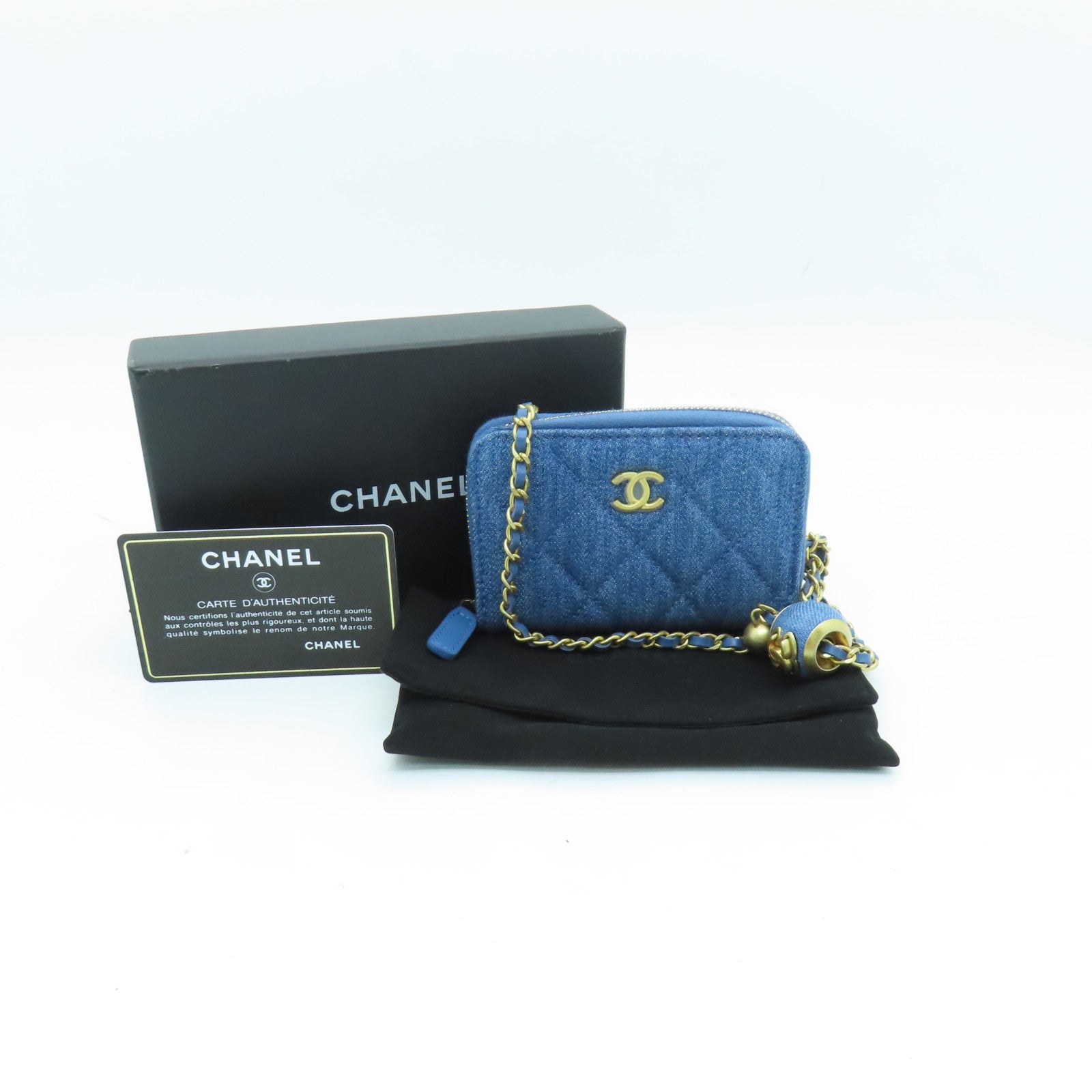 CHANEL 【激減優惠】菱格帆布Chain Shoulder Card Case金扣卡片套藍色